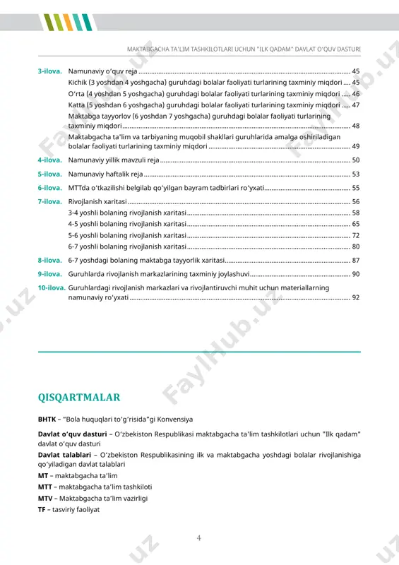 ................................................................... 58 4-5 yoshli bolaning rivojlanish xaritasi ........................................................................................... 65 5-6 yoshli bolaning rivojlanish xaritasi ........................................................................................... 72 6-7 yoshli bolaning rivojlanish xaritasi ........................................................................................... 80 8-ilova. 6-7 yoshdagi bolaning maktabga tayyorlik xaritasi ...................................................................... 87 9-ilova. guruhlarda rivojlanish markazlarining taxminiy joylashuvi ........................................................ 90 10-ilova. guruhlardagi rivojlanish markazlari va rivojlantiruvchi muhit uchun materiallarning namunaviy ro‘yxati ........................................................................................................................... 92 qisqartmalar bhtk – “bola huquqlari to‘g‘risida”gi konvensiya davlat o‘quv dasturi – o‘zbekiston respublikasi maktabgacha ta'lim tashkilotlari uchun "ilk qadam" davlat o‘quv dasturi davlat talablari – o‘zbekiston respublikasining ilk va maktabgacha yoshdagi bolalar rivojlanishiga qo‘yiladigan davlat talablari мт – maktabgacha ta’lim мтт – maktabgacha ta’lim tashkiloti mtv – maktabgacha ta’lim vazirligi tf – tasviriy faoliyat 5 maktabgacha ta'lim tashkilotlari uchun "ilk qadam" davlat o‘quv dasturi tushuntirish xati ushbu hujjat o‘zbekiston respublikasi maktabgacha ta’lim tashkilotlari uchun ilk va maktabgacha yoshdagi bolalar rivojlanishiga qo‘yiladigan davlat talablariga muvofiq yaratilgan “ilk qadam” davlat o‘quv dasturining ikkinchi nashri hisoblanadi. maktabgacha ta'lim jadal rivojlanayotgan …