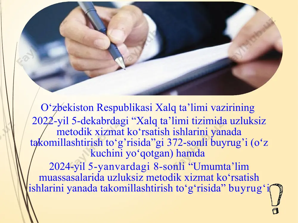 quvlar tashkil qiladi xalqaro, mintaqaviy uchrashuvlar, anjumanlarda ishtirok etadi viloyat, tuman, shahar miqyosida seminarlar tashkil etadi umumta’lim maktablariga manzilli “metodik tur” lar tashkil qiladi “metod birlashma” lar faoliyatini muvofiqlashtiradi “metodik yarmarka” lar tashkil qiladi stajor o‘qituvchilar bilan tizimli ish olib boradi va darslarni online va ofline tahlil qiladi, metodik tavsiyalar beradi “mahorat maydonchalari” faoliyatini samarali tashkil qiladi qashqadaryo viloyat metodik xizmat ko‘rsatish bo‘limi metodistlarining faoliyatini tashkil etish tuman shaharlarda mentorlar guruhi faoliyatini tashkil qilish 22 nafar fan metodisti va bo‘lim boshlig‘idan tashkil topgan va ular tizimli ravishda ta’lim muassalariga metodik yordam ko‘rsatib boradi o‘quv metodik kengashlar tashkil etish (har bir fan yo‘nalishi bo‘yicha 9-11 kishidan iborat) 2024-yil 5-yanvardagi “umumta’lim muassasalarida uzluksiz metodik xizmat koʻrsatish ishlarini yanada takomillashtirish toʻgʻrisida” 8-sonli buyrug‘ning 2-ilovasida metodbirlashma rahbarlarining asosiy vazifalari quyidagilardan iborat ekanligi belgilangan: “ustoz-shogird” anʼanasini tizimli tashkil qiladi ilgʻor ish tajribalarini maktab, tuman (shahar) miqyosida ommalashtirishga tavsiya qiladi fan yoʻnalishlari boʻyicha tuman (shahar), viloyat …