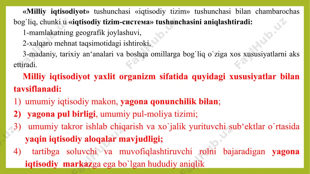 igan milliy iqtisodiyotni iqtisodiy mintaqalarga bo`lish yo`li bilan aniqlanadi. 5-infratuzilma – bu takror ishlab chiqarishning umumiy shart-sharoitlari va mamlakat aholisining ijtimoiy turmush tarzini ta‘minlaydigan, o`zaro bog`liq ishlab chiqarish va noishlab chiqarish tarmoqlari majmui. ishlab chiqarish va ijtimoiy infratuzilma farqlanadi. ishlab chiqarish infratuzilmasi tarkibiga bevosita ishlab chiqarishga xizmat ko`rsatadigan tarmoqlar kiradi: 1-energiya ta‘minoti, 2-transport, 3-aloqa, 4-moddiy-texnik ta‘minot. ijtimoiy infratuzilma mamlakat aholisining normal ishlashini ta‘minlaydigan sohalarni o`z ichiga oladi: 1-uy-joy kommunal xo`jaligi, 2-sog`liqni saqlash, 3-maishiy xizmat va boshqalar. milliy iqtisodiyotning asosiy xususiyatlaridan biri uning barqarorligi va milliy iqtisodiyot harakatchanligi, ya‘ni: 1-yangi ijtimoiy ehtiyojlar 2-texnik imkoniyatlar, 3-resurs bazasidagi cheklovlarga muvofiq o`zgara olish qobiliyati. o`zgarishlar milliy iqtisodiyotda: 1-yangi elementlar va yangi aloqalarning paydo bo`lishi, 2-yangi texnikani o`rnatilishi va eskilarining yo`q qilinishida namoyon bo`ladi. bunday o`zgarishlar tarkibiy siljishlar (strukturnie sdvigi) deb ataladi. agar iqtisodiyot yetarlicha harakatchan bo`lmasa, unda tarkibiy siljishlar iqtisodiy zaruriyatga nisbatan sekinlashadi va tarkibiy inqiroz boshlanadi, ya‘ni: 1-ishlab chiqarilgan tovarlar, texnologiyalar va resurslar …
