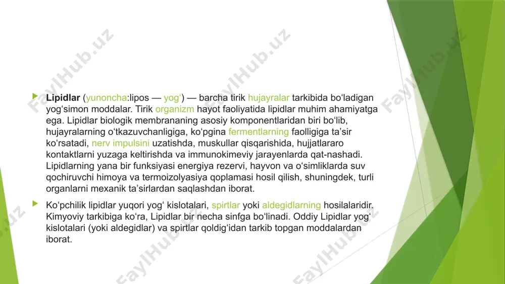 ismdan iborat: glitserin asosi va uchta yogʻ kislotasi dumchasi. glitserin uchta gidroksil (oh) guruhi boʻlgan kichik organik molekuladir, yogʻ kislotasi boʻlsa karboksil guruhiga birikkan uzun uglevodorod zanjiridan iborat. odatda yogʻ kislotasi 12-18 ta ugleroddan tarkib topadi, ammo baʼzilarida bor-yoʻgʻi 4 ta yoki 36 tagacha uglerod boʻlishi mumkin. yogʻ ikki turdagi qismdan iborat: glitserin asosi va uchta yogʻ kislotasi dumchasi. glitserin uchta gidroksil (oh) guruhi boʻlgan kichik organik molekuladir, yogʻ kislotasi boʻlsa karboksil guruhiga birikkan uzun uglevodorod zanjiridan iborat. odatda yogʻ kislotasi 12-18 ta ugleroddan tarkib topadi, ammo baʼzilarida bor-yoʻgʻi 4 ta yoki 36 tagacha uglerod boʻlishi mumkin. yogʻ molekulalari triatsilglitserinlar yoki shifokorlar tilida triglitseridlar deb ham ataladi. inson tanasida triglitseridlar asosan adipotsit deb nomlanuvchi maxsus yogʻ hujayralarida saqlanadi. adipotsitlar adipoz toʻqimalarini hosil qiladi\[^1\]. koʻplab yogʻ kislotalari yogʻ molekulalarida uchrasa, ularning baʼzilari tanada erkin ham uchraydi va ularga lipidning bir turi sifatida qaraladi. toʻyingan va toʻyinmagan yogʻ kislotalari yuqoridagi misolda koʻrsatilganidek, …