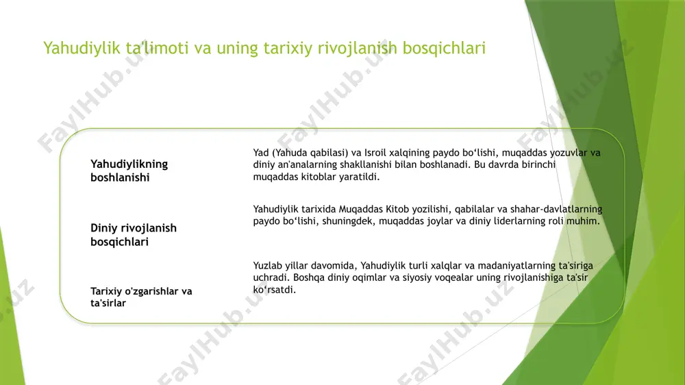markazlari bo'lib xizmat qilgan. mahalliy yahudiylar, muayyan bayramlar va marosimlarni milliy madaniyat bilan uyg'unlashtirib, o'ziga xos diniy an'analarni saqlab kelmoqda. yahudiylik madaniy merosi o'zbekistonda diniy marosimlar, musiqa, oshxona va har xil ijtimoiy faoliyatlar orqali o'z aksini topmoqda. o'zbekistondagi yahudiylik madaniy merosining tarixi va rivojlanishi o'zbekistondagi yahudiylik tarixi o'zbekistonda yahudiylar qadimdan yashagan, ularning madaniy va diniy merosi asrlar davomida rivojlangan. samarqand va buxoroda muhim markazlar mavjud bo'lgan. madaniy va diniy rivojlanish yudeyiylikning o'zbekistondagi rivojlanishi, diniy marosimlar va madaniy an'analar bilan bog'liq. bu yerda yahudiylar o'z diniy identitetini saqlab qolgan. zamonaviy o'zgarishlar va saqlash so'nggi asrlarda siyosiy va ijtimoiy o'zgarishlar ta'sirida, yahudiylarning madaniy merosi qisqarib, lekin ularning tarixiy ahamiyati muhim davom etmoqda. mahalliy an'ana va marosimlarning diniy va madaniy ahamiyati an'analar va marosimlarning roli mahalliy an'analar va marosimlar, diniy va madaniy hayotda muhim o'rin tutadi. ular avloddan-avlodga o'tib, mahalliy identitet va dini qadriyatlarni saqlashga yordam beradi. rasmiy marosimlar va madaniyat o'zbekistondagi yahudiy …