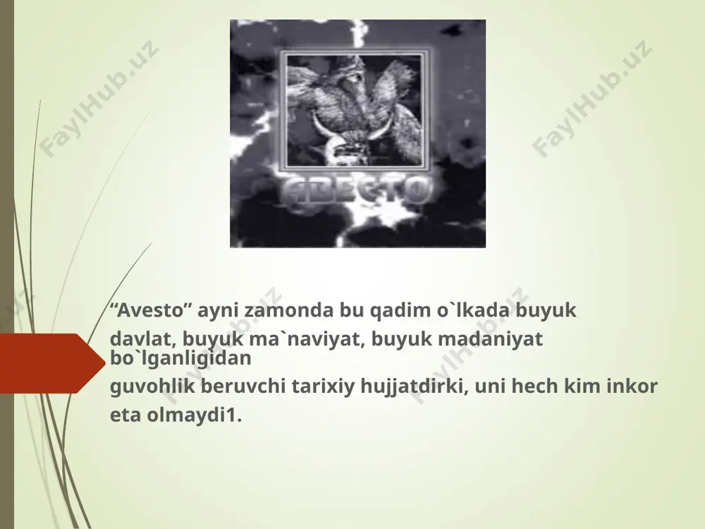 ning millatimiz xalqimiz ko`hna xorazm zaminida «avesto» paydo bo`lgan zamonlardan beri o`z hayoti, o`z madaniyati, o`z tarixi bilan yashab keladi»2 butun o`rta osiyo moddiy va ma`naviy madaniyatining beshigi xorazm vohasi va u yerda yashagan turkiy elatlar bo`lgan, shulardan o`zbek elati tashkil topgan. i.a.karimov juda o`rinli qayd qilganidek, «xorazm davlati tarixini biz 2700 yillik tarix deb bilamiz». bu o`rinda birinchi davlat tashkil topgandan keyingi «yozma tarix» nazarda tutilgan. yunon, xitoy tarixchi sayyohlari o`z xotiralarida yozib qoldirgan keyin zardushtiylik yozuvlarida berilgan tarix nazarda tutilgan. xulosa shuki, zardushtiylik eradan avvalgi 7-6 asrlarga xos bo`lgan din sifatida undan oldingi urug` qabilachilik dinlari negizida paydo bo`lgan yakka xudolik dini bo`lgan. u to 7-9 asrlargacha turli shaklda davom etib, so`ng o`rnini islom egalladi. u dastavval xorazm vohasida shakllanib, yaqin va o`rta sharqqacha tarqalib, ayrim qoldiqlari haligacha saqlanib kelmoqda. vujudga kelishi. zardushtiylik mil. av. iii-ii ming yilliklarda markaziy osiyoda vujudga kelgan dindir. zardushtiylik vahy orqali e`lon qilingan …