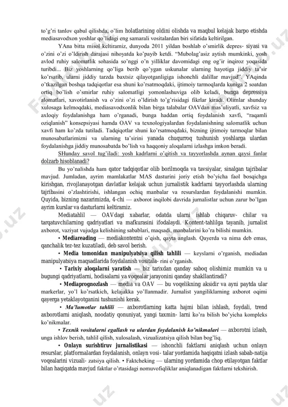 qilishini tushunishlarini kuchaytirishni ko’zda tutadi. yosh avlod axborotni borliq, jarayonlar, voqea- hodisalarning reprezentatsiyasi deb emas, aksi deb qaraydi. ba’zan hatto uni yagona haqiqat deb qabul qiladi. faqat tanqidiy tafakkur va ma’nolarni ajratib olish ko’nikmasi uning mohiyatini tushunishga, axborotni atrofdagi olam haqidagi ramziy — raqamli, audio, video, bosma tasavvur deb qabul qilishga yordam beradi. “men media savodxonlikni hayotiy savodxonlik deb bilaman, chunki men kommu- nikatsiyalarning joriy shaklini tushuna olmasam va undan samarali foydalan- masam, men fuqarolik darajasida ham, shaxsiy darajada ham va professional darajada ham foydali inson bo’la olmayman”, deydi o’z intervyularidan birida neyl anderson. mediata’lim sohasida birinchilardan bo’lgani holda, u mediasavodxonlikni rivojlantirishga ulkan hissa qo’shdi, o’qituvchilarga mas kompetensiyalari texnologiyalarini o’z dasturlariga integratsiyalashga yordam berdi. olim osiyo, avstraliya, yevropa, kanada va aqsh mamlakatlarida ko’p sonli ta’limiy ma’ruzalar va seminarlarni o’tkazdi. masni o’quv jarayoniga integratsiya qilish dunyoning turli mamlakatlarida turlicha sur’atlar bilan kechmoqda. masalan, aqshdagi stoni bruk universiteti o’ziga xos yangiliklar savodxonligi …