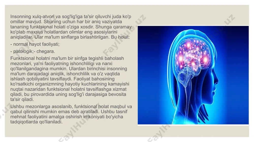 iyani, past qon bosimi esa gipotenziyani ko'rsatadi. kuchli jismoniy zo`riqishlardan keyin uning ishidagi o`zgarishlarning xususiyatlarini o`rganmasdan turib, yurak-qon tomir tizimining funksional holatini baholash mumkin emas. bu tananing tiklanish muddatini ham hisobga oladi. shunga o'xshash tadqiqotlar turli funktsional testlar yordamida amalga oshiriladi. nafas olish tizimining holati tananing hayotiy faoliyatini ta'minlash uchun unga kislorodning doimiy kirishi va suv bug'lari va karbonat angidridni olib tashlash jarayoni zarur. buning uchun nafas olish organlari javobgar. ushbu tizimning funktsional holati ko'rsatkichlarini baholash uchun uchta parametr kiradi. bu nafas olishning chuqurligi, chastotasi va turi. eng muhim ko'rsatkichlardan biri bu bh. bu tananing barcha tizimlarini kislorod bilan normal ta'minlash uchun zarur bo'lgan nafas olish tezligi. ushbu ko'rsatkichning qiymatlari bir qator sabablarga bog'liq. bu tana yoki atrof-muhit harorati, shuningdek, ovqatdan oldin yoki keyin davr bo'lishi mumkin. nafas olish tezligi tananing holatiga qarab o'zgaradi. uning kichikroq qiymatlari moyil holatda, kattaroqlari esa tik turgan holatda kuzatiladi. erkaklarda nafas olish ayollarga qaraganda …