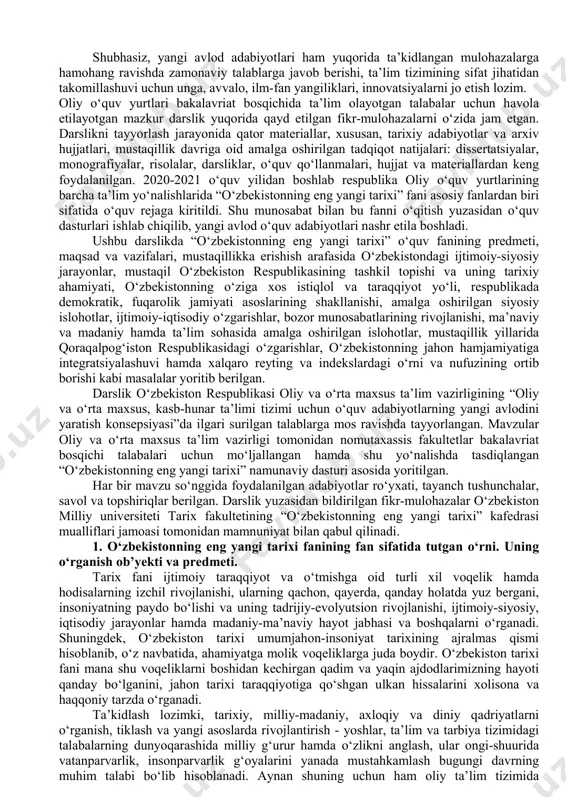 unda o‘sib kelayotgan avlodning ongi va tafakkurini salbiy illatlardan himoya qilish ma’nosida ularda ma’naviy immunitetni hosil qilish, yoshlarning ongiga ajdodlarimizdan meros bo‘lib qolgan azaliy qadriyatlar - ezgulik, odamiylik, bag‘rikenglik, mehr-muhabbat, vatanparvarlik, yurtga sadoqat ruhini singdirishda tarix fanining o‘rni beqiyosdir. aynan vatan tarixini anglash orqali o‘sib kelayotgan avlod nafaqat shonli o‘tmish tarixini, balki istiqlolning tom mazmunini, uning mamlakatimiz istiqboliga qaratilgan siyosati mohiyatini yanada teran tushunib yetadilar. mustaqillikning o‘tgan yillarida respublika tarixchi olimlari tomonidan katta ahamiyatga molik, dolzarb mavzularga bag‘ishlangan ilmiy tadqiqot ishlari amalga oshirildi, qator o‘quv adabiyotlari, darslik, qo‘llanma, monografiyalar chop etildi. ta’kidlash joizki, hozirgi kunda ham xalqimiz tarixini xolis va ilmiy asosda o‘rganish jarayoni davom etmoqda. xususan, mustaqillikning o‘tgan o‘ttiz yillik davri tarixining turli qirralari ko‘plab olimlar, izlanuvchilar uchun tadqiqot ob’yekti bo‘lib xizmat qilmoqda. o‘zbekiston o‘z rivojlanishining yangi, zamonaviy jabhasida harakatlar strategiyasida - taraqqiyot strategiyasida belgilangan vazifalarni amaliy hayotga tadbiq etishni maqsad qilib olgan holda yosh avlodni tarixiy o‘tmishga ulkan …
