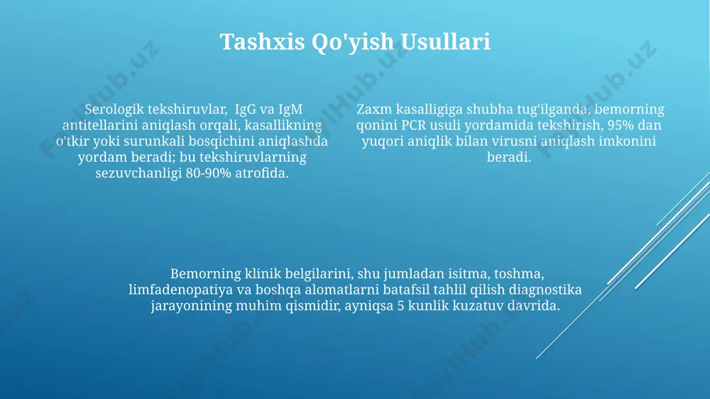 tlarida jarrohlik aralashuvi, drenajlash yoki nekrozlangan to'qimalarni olib tashlash 3-5 kun ichida amalga oshirilishi zarur. kasallikning rivojlanish bosqichlari zaxm kasalligining inkubatsion davri o'rtacha 7-10 kunni tashkil etadi, ammo ba'zi hollarda 21 kungacha cho'zilishi mumkin. bu davrda bemorlarda hech qanday alomatlar kuzatilmaydi. kasallikning prodromal davri 1-3 kun davom etadi va isitma, bosh og'rig'i, mushak og'rig'i kabi nonspesifik alomatlar bilan xarakterlanadi. virus ko'payishi boshlanadi. zaxmning to'liq klinik ko'rinishi odatda kasallikning 3-7 kunida namoyon bo'ladi va teri toshmalari, isitma va limfadenopatiya bilan ifodalanadi. og'ir holatlarda asoratlar rivojlanishi mumkin. e'tiboringiz uchun rahmat @taqdimot_robot