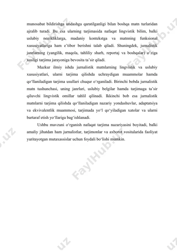 i. sharhlar va kommentariyalar esa muallifning subyektiv fikrini va o‘z munosabatini ifodalashga xizmat qiladi. boshqa tomondan, reportajlar va intervyular o‘quvchini biror voqea yoki holatni bevosita kuzatish, ishtirok etish orqali aks ettirishga undaydi. jurnalistik matnlarning strukturasida ham o‘ziga xosliklar mavjud. ular, odatda, qisqa va aniq bo‘lishi, ma’lumotni iloji boricha oddiy va tushunarli tarzda etkazishi kerak. har bir so‘z, har bir ibora va har bir jumla o‘z vazifasini bajarishi, maqsadga xizmat qilishi lozim. bu, ayniqsa, axborot janrlarida juda muhimdir, chunki jurnalistlar tezkorlikka va auditoriyani jalb qilishga harakat qilishadi. shu bilan birga, jurnalistik matnlarning tahliliy va publitsistik janrlarida esa ko‘proq chuqur tahlil, subyektiv fikr va muhokama elementlari qo‘llaniladi. jurnalistik matnlarni tayyorlash jarayonida, shuningdek, etik va huquqiy masalalar ham muhim rol o‘ynaydi. jurnalistlar matnlarida axborotning haqiqatga mosligi, mualliflik huquqi, manba va iqtiboslarning to‘g‘riligiga e’tibor qaratishlari kerak. aks holda, matnlarni o‘qigan auditoriya noto‘g‘ri ma’lumot olishiga va shu orqali jamiyatdagi muammolar yanada murakkablashishiga olib kelishi mumkin. …
