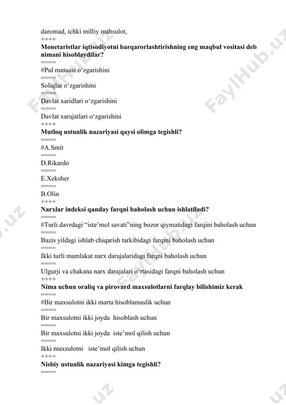 aslik uchun ==== bir maxsulotni ikki joyda hisoblash uchun ==== bir maxsulotni ikki joyda iste’mol qilish uchun ==== ikki maxsulotni iste’mol qilish uchun ++++ nisbiy ustunlik nazariyasi kimga tegishli? ==== #d.rikardo ==== abba lerner ==== j.keyns ==== j.xiks ++++ nominal yaim qanday narxlarda hisoblanadi? ==== #joriy narxlarda ==== o‘zgaruvchan narxlarda ==== chakana narxlarda ==== ulgurji narxlarda ++++ ochiq iqtisodiyot - bu… ==== #mamlakatning fuqarolari halqaro bozorda cheklanmagan miqdorda faoliyat yuritish huquqiga ega ==== xalqaro investitsiyani qisman kirib kelishi mumkin ==== mamlakat aholisi cheklangan holdagi faoliyati ==== tashqi iqtisodiy aloqalarning qisman cheklangan shakli ++++ pirovard mahsulot – bu… ==== #yakuniy iste’mol uchun sotib olinadigan tugal maxsulot ==== qayta ishlash uchun sotib olinadigan tugal mahsulot ==== sotish va kayta ishlash uchun sotib olinadigan tugal maxsulot ==== sotish uchun sotib olinadigan tugal maxsulot ++++ potentsial yaim deganda... ==== #mamlakatdagi ishlab chiqarish resurslaridan to‘liq foydalanilgan sharoitda mumkin bo‘lgan ishlab chiqarish xajmi tushuniladi ==== juda …