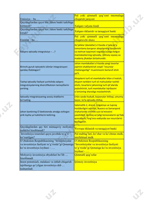 bo‘ylab kapital ko‘chishi. xorijiy investitsiyalar bilan bog‘liq risklarni yoriting. asosiy yoki mamlakat bilan bog‘liq risk, shartnoma yoki investitsiyaga qadar risk, operatsion yoki investitsiyadan so‘nggi risk. xorijiy investitsiyalarning qanday xususiyatlari mavjud? kapital ko‘chishi, risk, qulay, uzoq, aniq maqsad, texnologiya, aholi bandligi, raqobat, eskport, samaraga erishish. xorijiy investitsiyalarni jalb qilish turlari? ustav kapitalida 15 % ulush, ustav kapitali xorijlik investorga tegishli (100 %), mol-mulk, aksiyalar va boshqa qimmatli qog‘ozlar, intellektual mulkka, konsessiyalar, sohalari obyektlari, turarjoy binolariga, erkin iqtisodiy hududlar, xalqaro lizing shaklid to‘g‘ridan to‘g‘ri xorijiy investitsiyalarni jalb qilishning jozibadorligini belgilovchi omillarni yoriting. bozor omillari, boy tabiiy resurslarning mavjudligi, ishlab chiqarish xarajatlari omillari, investitsiya muhiti, mamlakatning iqtisodiy rivojlanish strategiyasi. “investitsiyalar” va “kapital qo’yilmalar” tushunchalarining qanday bog’liqligi mavjud? kapital qo’yilmalar – bu investitsiyalarning bir turi emissiya – bu … pul yoki qimmatli qog’ozni muomalaga chiqarish jarayoni quyidagilardan qaysi biri jahon banki tarkibiga kirmaydi? xalqaro valyuta fondi quyidagilardan qaysi biri jahon banki tarkibiga kiradi? xalqaro …