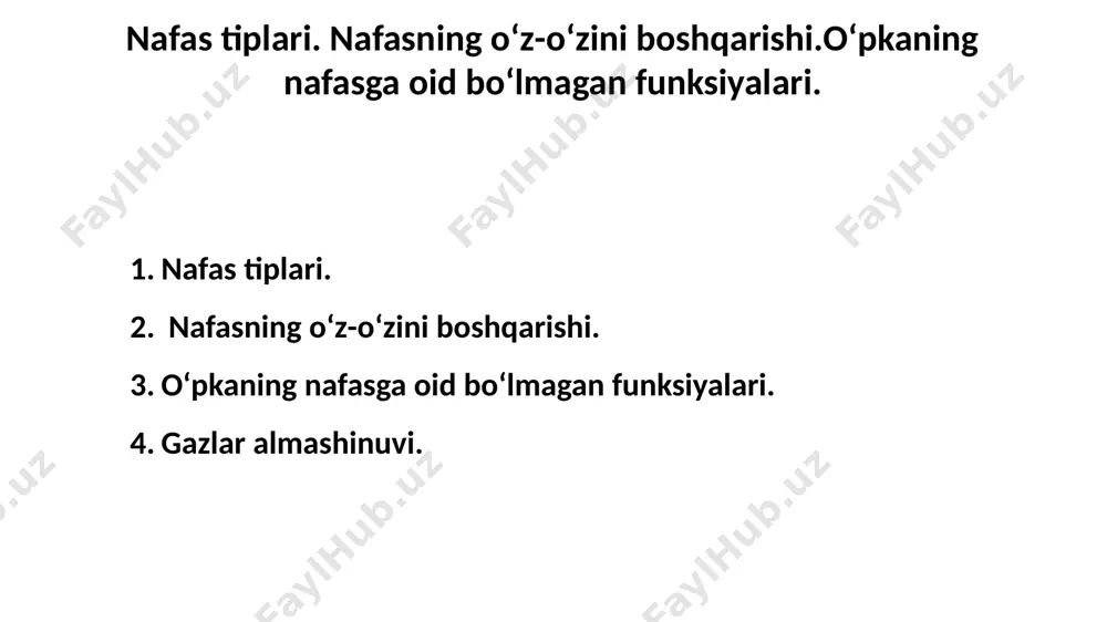 gapirmaganda – ochiq past gapirganda – yarim ochiq baland gapirganda – yopiq traxeya va bronx traxeya muskullari yarim aynalasimun gialin tog’ay shilliq qavati perixondrium shilliq bezlar traxeya devoir: 16-20 ta yarim aynalasimon tog’ay paylari devorlari qava: shiliq. shiliq osti. tog’ay. muskul. seroz. o’pka. o’ng o’pka 3 ta bolakdan ibarat chap o’pka 2 ta bo’lakdan iborat shakil: konussiman alveolalar alveolalar devoir: birqavatli epiteliy alveolalar soni : 750mln umumiy yuzasi 100 m² kislarod karbonat angedrit gazlar almashinuvi atmosfera havosi tarkibi: n₂ - 79,3% o₂ - 20,94% co₂ -0,03% o’pkada chiqqan havo: n₂ - 79,7% o₂ - 16,3% co₂ - 4% e’tiboringiz uchun rahmat image1.png image2.jpeg image3.png image4.png image5.png image6.png image7.png image8.png image9.png image10.png image11.png image12.png image13.png image14.png /docprops/thumbnail.jpeg