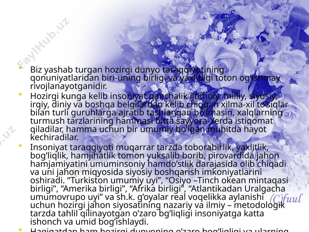 sh, xalqimiz farovonligini oshirishga xizmat qiladi. “xalq sо‘zi”, №16. 2011 yil 22 yanvar. o’zbekiston xx1 asrga intilmoqda. t. 2000 yil. o’zbekistonda demokratik jamiyat qurish nazariyasi va amaliyoti. ma‘ruzalar matni. t. 2001 yil. milliy istiqlol g’oyasi: asosiy tushuncha va tamoyillar (oliy ta‘lim muassasalari uchun qo’llanma). t. 2001 yil. e`tiboringiz uchun tashakkur! image3.jpeg image4.jpeg image5.gif image6.png image7.jpeg image1.jpeg