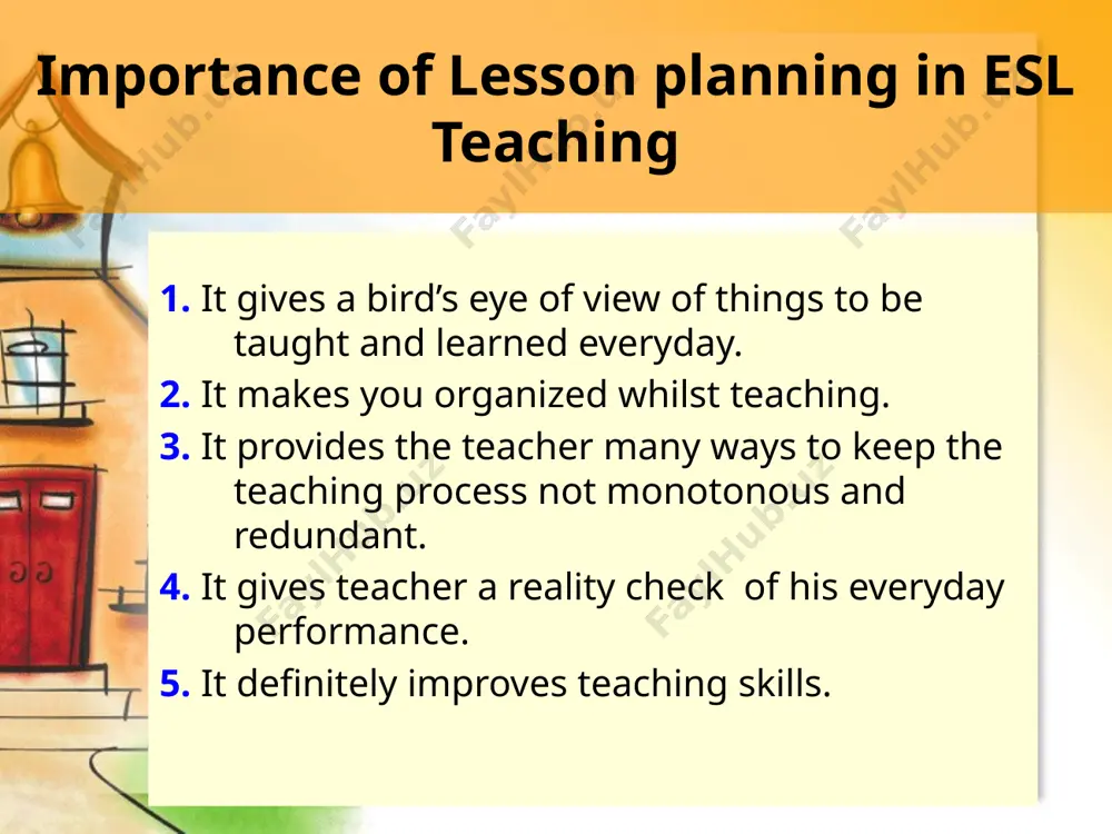 s of a lesson plan: topic resources objectives methodology activity homework 11 what content should be taught motivational techniques to be used specific steps and activities for students needed material evaluation process … educational objectives specify the new skills that the students will gain as a result of the lesson focus on student’s (not teacher’s) attainment determine the degree or criterion for satisfactory attainment of the objectives. 12 educational objectives …….are the learning outcomes of a lesson i.e. what the students should be able to know or do at the end of the lesson that they could not do at the beginning! 13 aims are for the teacher objectives are for the students … educational objectives setting objectives what will the learner be able to: know (concept…cognitive) do (skill… psychomotor) feel (behavior, attitude, appreciation or ideas…affective) each defined objective is matched with: teaching method learning activities type of assessment note: …