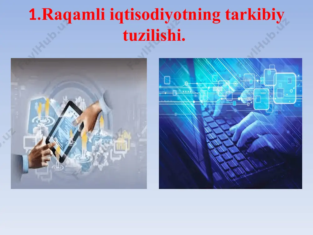 i,%da қозоғистон хиндистон хитой жанубий корея буюк британия ўзбекистон 3.9 5.6 6.9 8 12.4 2.2000000000000002 jahon internet trafikining dinamikasi 18 2007 yil 2000 gb/s 1992 yil 100 gb/kuniga 2017 yil 46000 gb/s 2022 yil 150700 gb/s rakamli iktisodiyotni kompleks innovatsion texnologiyalari (16ta):: 1. katta xajmli ma’lumotlar bilan ishlash texnologiyalari – big data; 2. sun’iy intellekt –artificial intellect; 3. bulutli texnologiyalar – cloud technologies; 4. mobil texnologiyalar - е-mobile; 5. buyumlar interneti – internet of things; 6. robototexnika va sensorika; 7. rakamli electron platformalar va ekosistemalar; 8. kvant texnologiyalari; 9. smart-kontraktlar; 10. 4.0 sanoat texnologiyalari 11. vertual qo ‘shimcha reallik texnologiyalari; 12. kroud-sorsing va kroud founding texnologiyalari; 13. blokchayn texnologiyalari; 14. kriptovalyutalar va ico (initial coin offering); 15. 3d - texnologiyalar 16. dron - texnologiyalari raqamli iqtisodiyot- katta hajmdagi ma’lumotlarni (big data) internet tarmog’i va mobil texnologiyalar orqali yig’ish va raqamli texnologiyalar yordamida qayta ishlab, yangi qonuniyatlarni va bilimlarni yaratish asosida …