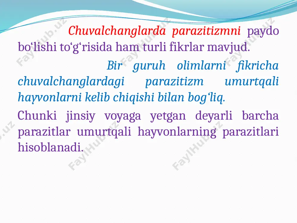 ngdek, parazitlar xo‘jayini organizmiga jinsiy teshiklar, burun bo‘shlig‘i, ko‘z va quloq orqali ham o‘tishi mumkin. ba’zi parazitlar esa bachadon devori orqali rivojlanayotgan embrionga o‘tadi (exinokokk). resperator yo‘l bilan nafas olish a’zolari orqali: trematodalarning serkariylari. anal teshigi, kloaka orqali kirish: monogeniyalardan-polistoma integerrum. konyuktival zararlanish: yirik shoxli qoramollarni telyaziyalar bilan zararlanishi: thelaziidae. ona suti bilan zararlanish: dengiz cho‘chqalarini eksperimental yo‘l orqali askaridalar bilan zararlantirilgan, ularning sut bezlaridan askarida lichinkalari topilgan. prenatal zararlanish: turli parazitlar bilan ona qornidagi embrionni zararlanishi: 1676-yilda forman yangi tug‘ilgan qo‘zichoqlarning jigar o‘t yo‘llaridan jigar qurtini topgan. ona organizmidagi embrionni jigar qurti lichinkalari bilan zararlanganligi ham kuzatilgan. voyaga yetgan gelmintlar bilan bevosita zararlanish: ko‘pchilik hayvonlarda ayniqsa, qushlarda o‘z bolalarini oshqozonidagi yoki jig‘ildonidagi ovqatni qaytarib chiqarib berish xususiyati bor. shu vaqtda ovqat bilan birga voyaga yetgan gelmintlar ham o‘tib qolishi mumkin. bu zararlanishni biossiklik parazitizm, pastsiklik xo‘jayin deyiladi. e’tirobingiz uchun rahmat! image2.png image3.png image4.png