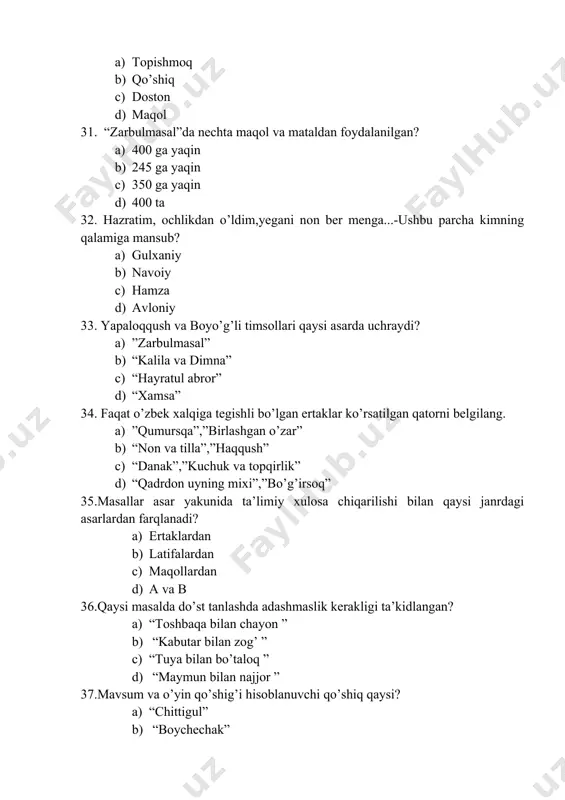 moskvadagi jahon adabiyoti institutida tahsil olgan shoirni toping. a) tursunboy adashboyev b) shukur sa’dulla c) adham rahmat d) yo’ldosh sulaymon 60. z. diyor 1933-yilda texnikumni bitirgandan so’ng qaysi kasb egasi bo’ldi? 1. o’qituvchi 1. quruvchi 1. yozuvchi 1. jurnalist 61. latifjon qaysi asar qahramoni? a) ”eng yaxshi chana” b) “varrak” c) “tirilgan murda” d) “sovg’a” 62. “chinor” qaysi adib asari? a) l.mahmudov b) f.mo’sajon c) a.obidjon d) h.nazir 63. qaysi adibning otasi xalq dushmani sifatida hibsga olingan va qatag’onga uchragan? a) adham rahmat b) latif mahmudov c) farhod musajon d) zafar diyor 64. feleton janrida ham ijod qilgan adib kim? a) x.to’xtaboyev b) q.hikmat c) p.mo’min d) s.jo’ra 65. 27 yil mobaynida matbuot sohasida faoliyat yuritgan ijodkorni aniqlang. a) yo’ldosh sulaymon b) adham rahmat c) tursunboy adashboyev d) ergash raimov 66.toshkent viloyatining chinoz tumanida tug’ilgan shoirni toping. a) ergash raimov b) habib rahmat c) shukur sa’dulla d) adham rahmat 67.1997-yilda …