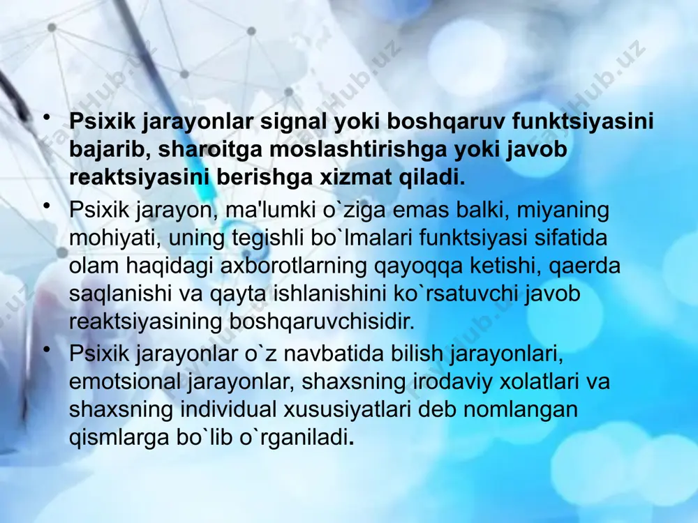 okning predmetliligi ob’ektivlash ham deyiladi va tashqi olamdan olingan ma’lumotlarni shu olamning o‘ziga qaratishida ifodalanadi. tashqi olamdan kelayotgan ma’lumot, obraz (masalan, o‘qilayotgan kitobning tasviri) bizning sezgi organlarimizda emas (ko‘z ichida emas), balki bizning tanamizdan tashqarida, tashqi olamda deb idrok qilinadi. bu xususiyatsiz odamning amaliy faoliyatini tasavvur qilib bo‘lmaydi. idrokning predmetliligi tug‘ma hisoblanmaydi. sub‘ektda olamning predmetliligini ochib beruvchi ma’lum harakatlar tizimi mavjuddir. bu yerda to‘yish va harakat sezgilari muhim rol o‘ynaydi. harakatlar ishtirok etmaganda idroklarimiz predmetlik sifatiga ega bo‘lmagan, ya’ni tashqi olam ob’ektlariga qaratilmagan bo‘lar edi. image3.gif image4.emf image5.jpeg image6.jpeg image1.png image2.emf /docprops/thumbnail.jpeg