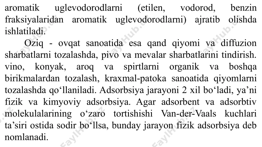 anat konsentratsiyasi har bir moddani alohida adsorbsiyalashdagi konsentratsiyasiga qaraganda karm bo‘ladi. adsorbsiya jarayonining bir necha nazariyasi mavjud bo‘lib, ularning har biri ma’lum sharoitdagi tajriba natijalarini ifodalaydi. dubinin m.m. nazariyasiga binoan, mikrokovakli adsorbent ishtirokida o‘tkazilayotgan adsorbsiya jarayoni mikrokovaklarni adsorbtiv bilan to‘ldirilishi deb qaraladi. juda katta temperaturalar oralig ida gaz va bug‘lar adsorbsiyasi uchun keltirib chiqarilgan tenglamalar adsorbtiv muvozanat konsentratsiyasining adsorbent kovaklari tuzilishiga bog‘liqligini xarakterlaydi. bunday tenglamalar murakkabdir. adsorbsiya jarayonida boshlang‘ich aralashmada yutilayotgan modda bug‘ining bosimi kamayadi va issiqlik ajralib chiqadi. shuning uchun le-shatelye prinsipiga binoan, temperatura pasayishi va bosim ortishi bilan adsorbsiyalanayotgan modda miqdori ko‘payib boradi. shunday qilib, bosim pasayishi va temperatura ortishi teskari - desorbsiya jarayonini tezlashtiradi. adsorbsiya statikasi va kinetikasi adsorbsiya jarayoni boshqa qattiq fazali sistemalarda massa almashinish jarayonidan (mexanizmi) farq qilmaydi. umumiy holatda adsorbentda yutilayotgan moddaning diffuziya jarayoni (5.24) kriterial tenglamasi yordamida ifodalanadi: qo‘zg‘almas adsorbent qatlamiga yutilayotgan moddaning boshlang‘ich konsentratsiyasi bo‘lgan oqim uzluksiz ravishda uzatilish holatini ko‘rib chiqamiz. …