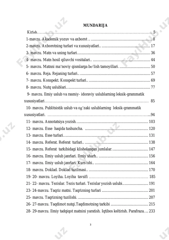 . esse haqida tushuncha. ................................................................ 120 13- mavzu. esse turlari.. .................................................................................... 131 14- mavzu. referat. referat turlari.. ................................................................ 138 15- mavzu. referat tarkibidagi klishelangan jumlalar. .................................... 147 16- mavzu. ilmiy uslub janrlari. ilmiy sharh.. .................................................. 156 17- mavzu. ilmiy uslub janrlari. kurs ishi.. ...................................................... 164 18- mavzu. doklad. doklad tuzilmasi.. ............................................................ 170 19- 20- mavzu. loyiha. loyiha tavsifi ……………………………………… 185 21- 22- mavzu. tezislar. tezis turlari. tezislar yozish uslubi.. ........................ 191 23- 24-mavzu. taqriz matni. taqrizning turlari ............................................... 201 25- mavzu. taqrizning tuzilishi. ....................................................................... 207 26- 27-mavzu. taqdimot nutqi.taqdimotning tarkibi ...................................... 215 28- 29-mavzu. ilmiy tadqiqot matnini yaratish. iqtibos keltirish. parafraza. ... 233 4 30- mavzu. ilmiy matnda dalillar, obyektlar, jarayonlar va xulosalarning berilishi………………………………………………………………………….242 glossariy…………………………………………………………………………250 foydalanilgan adabiyotlar……………………………………………………... 260 5 kirish o‘zbekiston respublikasi mustaqillikka erishib, demokratik huquqiy davlat va fuqarolik jamiyati qurish yo‘lidan borayotgan bugungi kunda dunyo andozalari darajasidagi bilimdon, zukko, har tomonlama еtuk mutaxassis kadrlarni tayyorlash muhim ahamiyat kasb etmoqda. …