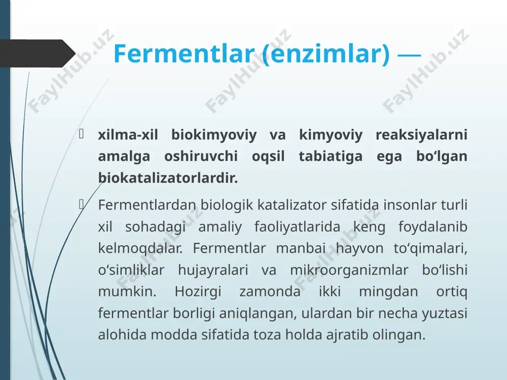 id, efir va ayrim boshqa bog‘larga suv ishtirokida ta’sir qiladi. gidrolazalar kо‘pincha hujayra tashqarisidagi (ekzogen) fermentlardir. hujayradan chiqib, ular kultural muhitda tо‘planadi. bu fermentlarni olish hujayra ichidagi (endogen) fermentlarni ajratishga nisbatan qulay va arzondir. fermentlar klassifikatsiyasi. glikozidazalar glikozidazalar - glikozid bog‘larini gidroliz qiluvchi fermentlardir. bular kо‘p vaqtlardan beri о‘rganiladi va ishlatiladi. bu guruhga kraxmalni gidroliz qiluvchi amilolitik fermentlar, v-amilazalar va glikoamilazalar kiradi. kо‘p mikroorganizmlar b-amilaza hosil qiladi, v-amilaza sintezi esa kam kuzatiladi. fermentlar klassifikatsiyasi. amaliy maqsadlarda qо‘llaniladigan b-amilazani ajratuvchi bacillus licheniformis, bac.amyloliquefaciens, aspergillus oryzae va boshqa mikroorganizmlardir. b-amilaza bac. licheniformis dan olinadigan juda yuqori haroratga chidamli va kraxmalni 1000s atrofidagi haroratda gidroliz qilish qobiliyatiga egadir. mikroorganizmlarning ekstremal sharoitda taraqqiy qilish qobiliyatini, ya’ni past va yuqori haroratda, molekulyar kislorod mavjud bо‘lmaganda, ishqorli va kislotali muhitda, tо‘zni yuqori konsentratsiyasida о‘sishi kо‘pincha ularning fermentlari harakteri bilan aniqlanadi. glikozidazalar makro va mikroorganizmlarda bir xil funksiyali fermentlar, о‘zlarining xossa va xususiyatlari jihatidan har xil bо‘lishi …