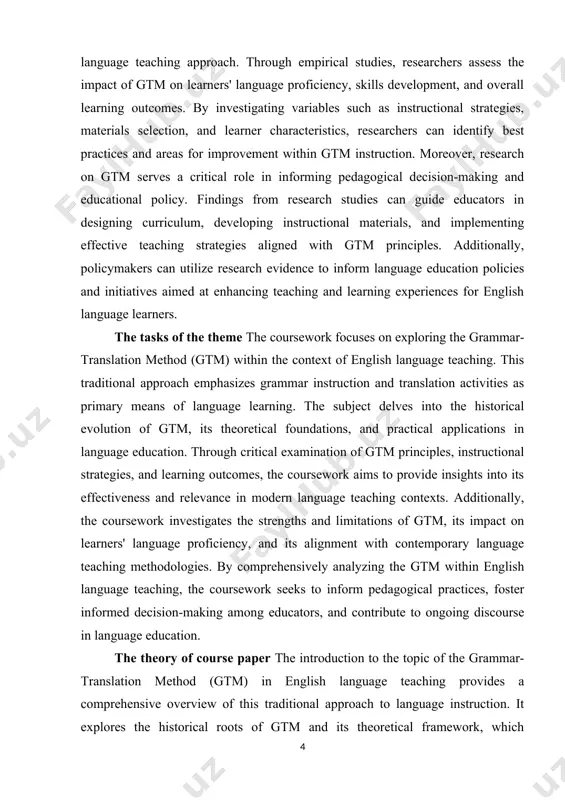 dological framework basis of the coursework on the grammar-translation method (gtm) in english language teaching stems from its historical development and pedagogical principles. gtm is grounded in the structural analysis of language, emphasizing the systematic teaching of grammar rules and vocabulary through translation activities. the methodological approach involves selecting appropriate texts, analyzing grammatical structures, providing explicit grammar instruction, and engaging learners in translation exercises between the target and native languages. additionally, gtm draws from traditional language teaching methods, focusing on accuracy and precision in language use. despite criticisms, gtm retains significance in language education due to its emphasis on grammar proficiency and translation skills. the methodological basis of the coursework entails examining gtm's theoretical underpinnings, evaluating its effectiveness, and exploring its adaptation to contemporary language teaching practices, thus contributing to a comprehensive understanding of language pedagogy. the topic of the grammar-translation method (gtm) in english language teaching encompasses a rich …