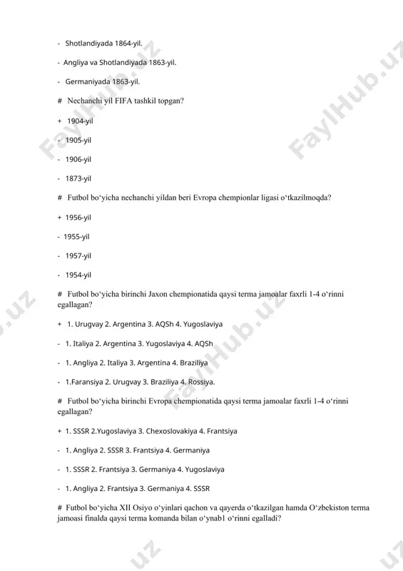 loqtirish (zarba)lar # qo`l to`pi o`yinида сакраш техникаси қандай ижро этилади? + bir oyoq bilan yoki ikkala oyoq bilan depsinib joyidan va harakatlanayotib - bir oyoq bilan yoki depsinib joyidan va harakatlanayotib - bir oyoq bilan yoki ikkala oyoq bilan depsinib joyidan - bir oyoq bilan yoki ikkala oyoq bilan depsinib harakatlanayotib # qo`l to`pi o`yinида дарвозабон майдончаси нечи метр? + 6 метр - 9 метр - 7 метр - 8 метр # qo‘l to‘pi o‘yini qanday bo‘limlarni o‘z ichiga oladi? + himoya va hujum - himoya, yarim himoya va hujum - darvozabon, himoya, yarim himoya va hujum - darvozabon, himoya va hujum # qo‘l to‘pi o‘yinida harakatlanish texnikasi qanday usullarni o‘z ichiga oladi? + yugurish, to`xtash, burulish, sakrash - yugurish, to`xtash, to‘pni uzatib berish, sakrash - yugurish, to`xtash, to‘pni ilib olish, sakrash - yugurish, to‘pni ilib olish, burilish # qo‘l to‘pi o‘yinida asosiy vaqtda durang natija qayd etilsa qo‘shimcha …