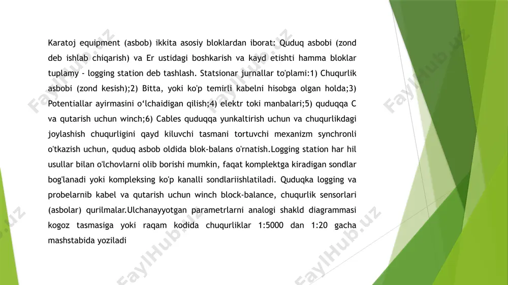 shi va elektrodlar orasidagi masofa bilan farqlanadi:m 0,95 a0,1 va m1,0 a0,1b ksp – 60 asbobining baʼzi bir texnik xususiyatlari: gamma nurlanish dozalarini 0 dan 10000 mkr/soatgacha boʼlgan diapazonda qayd qilish imkoniyatiga ega.qayta hisoblash koeffissienti k o ,mkr/soat/0,01%u:115+/-3; tuyuluvchi qarshilik ks togʼ jinslar qarshilik qiymatini – 0 –1000 om·m gacha diapazondagi qayd qiladi. tabiiy maydon ps qayd qilish diapazoni -500 dan +500 mv gacha. quduq asbobiga oʼzgaruvchan tok 100 – 150 mа taʼminoti bsk-051 yer usti apparaturasi orqali amalga oshiriladi. zondning uzunligi 160 sm, asbobning ogʼirligi 14 kg ni tashkil qiladi. 11,0 mpa gidrostatik bosimgacha dosh beradi. elektr karotaj tadqiqotlarida oʼtqazishda ishlatiladigan zondlar ikki xil turga gradient zond va potensial zondga ajratiladi. tuyuluvchi qarshilik usullari bilan karotaj oʼtkazganda, toʼrtta elektrodli zondlar ishlatiladi.а va b - tok bilan taʼminlovchi elektrodlar,m va n - qabul qiluvchi elektrodlar ishlatiladi. uchta elektrod karotajli zondning ichiga joylashtirilgan va kabelga ulangan holda quduqning ichiga tushiriladi. toʼrtinchi …