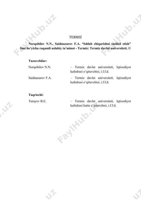 anoat korxonalari ishlab chiqarish tuzilmasi shakllari 2.4 korxonaning ishlab chiqarish tuzilmasi samaradorligini oshirish yo‘llari iii bob. ishlab chiqarish jarayoni va uni tashkil etish asoslari 3.1 ishlab chiqarish jarayoni va uning asosiy elementlari. 3.2 ishlab chiqarish jarayonini samarali tashkil qilish tamoillari. 3.3 ishlab chiqarish sikli va uning davomiyligini qisqartirishning iqtisodiy ahamiyati iv bob. asosiy ishlab chiqarishni tashkil etishning oqimli usuli 4.1 ishlab chiqarishni tashkil qilishning oqimli usuli xususiyatlari. 4.2 oqimli tizimini hisoblash uchun boshlang‘ich ma‘lumotlar va hisoblash tartibi. 4.3 ishlab chiqarish faoliyatini tashkil etishning oqimli usuli samaradorligi v bob. ishlab chiqarishni tashkil etishning partiyali usuli 5.1 ishlab chiqarish faoliyatini tashkil etishning partiyali usuli tavsifi va uning xususiyatlari.. 5.2 optimal partiya miqdorini aniqlash usullari. 5.3 ishlab chiqarishni tashkil etishning partiyali usuli samaradorligi vi bob. sanoat korxonalarida ishlab chiqarishni ilmiy-texnik tayyorlashni tashkil etish 6.1 korxona strategiyasini hal etishdaishlab chiqarishni ilmiy-texnik tayyorlashning o‘rni. 6.2 ilmiy tadqiqotlar o‘tkazish mohiyati, ma‘nosi va maqsadi. 6.3 ishlab chiqarishni …