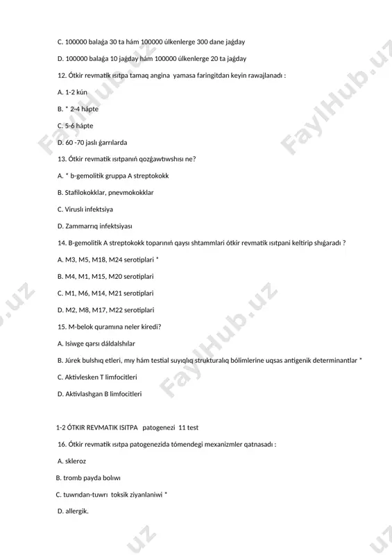 a patologikalıq processtiń qaysı basqıshları ajıratılǵan : a. sekretsiya b. * mukoid ısıp ketiwi v. adsorbsiya g. toshmalar 20. ótkir revmatik isitpada biriktiruvchi toqımalarda patologikalıq processtiń qaysı basqıshları ajratıladı : a. sekretsiya b. * fibrinoid nekroz (biriktiruvchi toqıma disorganizatsiyasining qaytarılmas fazası ) c. adsorbsiya d. toshmalar 21. ótkir revmatik isitpada biriktiruvchi toqımalarda patologikalıq processtiń qaysı basqıshları ajıratılǵan : a. sekretsiya b. * proliferativ reakciyalar basqıshı, ashoff-talalaev granulomalarining qáliplesiwi c. adsorbsiya d. toshmalar 22. ótkir revmatik isitpada biriktiruvchi toqımalarda patologikalıq processtiń qaysı basqıshları ajıratılǵan? a. sekretsiya b. * skleroz basqıshı c. adsorbsiya d. toshmalar 23. revmatik granuloma neden ibarat? a. * úlken tártipsiz forma daǵı bazofil kletkalardan, eozinofil citoplazması bolǵan miyozit kelip shıǵıs úlken kletkalardan b. eozinofil kletkalardıń tuwrı formasından c. náhán kletkalar tárepinen isiw reakciyası d. barlıq juwaplar tuwrı 24. granulomalar qay jerde jaylasqan? a. koronar arteriyalarda b. * miyokardda, endokardda, júrektiń perivaskulyar toqımalarında c. epikardiyada d. perikardda 25. xoreyada …