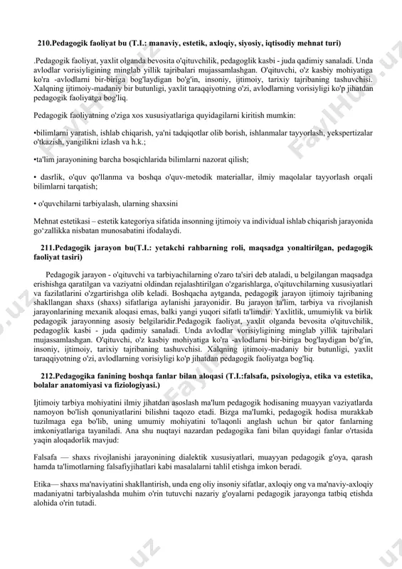 lektual o'sishida namoyon bo'iadigan rniqdor va sifat o'zgarishlar mohiyatini ifoda etuvchi murakkab jarayon. 206.pedagogika fanining predmeti va obyekti (t.i.: shaxs,talim tarbiya jarayoni, ongli maqsadga yonaltirilgan jarayon) har qanday fan mustaqil fan maqomiga, o‘z tadqiqot obyektiga va predmetiga ega bo‘ladi. fan obyekti bu aniq bir fan o‘rganadigan borliqdagi biror bir qism, soha hisoblanadi. pedagogika fanining obyekti va predmetini aniqlashga turli qarashlar mavjud. pedagogika fanining obyekti sifatida keng ma’nodagi ta’lim qabul qilingan. pedagogika fanining obyekti bola, ya’ni yosh avlod, pedagogikaning predmeti esa bolaning, yosh avlodning tarbiyasidir. pedagogikaning mustaqil fan sifatida tadqiqot predmeti maxsus tashkil etilgan pedagogik jarayon sifatida shaxsni shakllanishi va tarbiyalanishining nazariy va metodologik muammolaridir. demak, pedagogika fan sifatida tarbiyalash, ta’lim berish va rivojlantirish bilan shug‘ullanmaydi. bu vazifalarni ota-onalar, tarbiyachilar va o‘qituvchilar amalga oshiradi. pedagogika fan sifatida ta’lim, tarbiya, rivojlanish vositalarini yo‘l va usullarini ko‘rsatib beradi. pedagogika fanining tuzilmaviy elementlarini quyidagilar tashkil etadi: obyekt, predmet, kategorial apparat, nazariya, faraz, metodlar va …