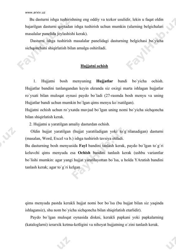 ali ochish. kerakli faylni ko`rib chiqishni va qidirishni yo`l boshlovchi dasturini ishlatib qulay bajarish mumkin, u bosh menyuning dasturlar bandidan yoki kontekstli menyu bo`yicha — mening kompyuterim papkasining belgichasi bo`yicha sichqonchaning o`ng klavishasini shiqirlatish bilan ishga tushiriladi. yo`l boshlovchi (29-rasm) o`z oynasining chap qismida kataloglar "daraxti" ko`rinishda papkalarni aks еttiradi, oynasining o`ng qismida еsa chapdagi tanlangan papkaning ichidagisini ko`rsatadi. bu kerakli hujjatni tezda tolish imkonini beradi. hujjatni uning nomi bo`yicha sichqonchani ikki marta shiqirlatib ochish mumkin. hujjatni fayllar dispetcheri dasturidan ochish uchun shunday ishlarni bajarish kerak, bu dastur ham yo`l boshlovchi kabi fayllar tizimini boshqarish uchun mo`ljallangan. dasturni ishga tushiripshi yoki hujjatni ochishni ularning yorliqlari bo`yicha bajarish yorliqlar — bu dasturlar yoki hujjatlarning belgichalari bo`lib, u ularni tezda ishga tushirish uchun yaratiladi va ishlatiladi. yorliqlar, masalan, quyidagi tarzda yaratilishi mumkin: • kerakli fayl nomini tolish (kerakli faylni ko`rib chiqish va tolishni bosh menyuning dasturlar bandidan ishga tushiriladigan yo`l boshlovchi dasturidan …