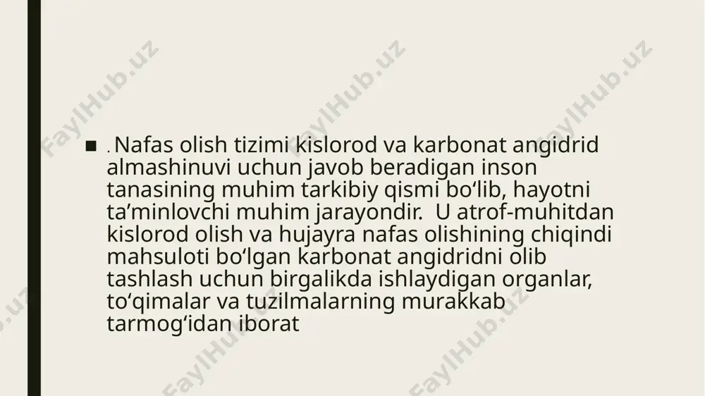 shi mumkin. tog'li joylarda yashovchi odamlar shu sharoitga moslashgan bo'ladi. ularning qonida eritrotsitlarning soni ko'p bo'ladi. nafas olish tizimining boshqarilishi . nafas olishning nerv sistemasi orqali boshqarilishi. uzunchoq miyada nafas markazi joylashgan. orqa miyaning bo'yin qismida diafragma harakatini boshqaruvchi nervlarning markazi joylashgan. - orqa miyaning ko'krak qismida qovurg'alararo muskullarning faoliyatini boshqaruvchi nervlar markazi joylashgan.uzunchoq miyadagi nafas olish markazidan har 4 – 5 sekundda ritmik ravishda nerv impulslari orqa miyaning bo'yin va ko'krak qismiga yuboriladi , natijada nafas olish va chiqarish jarayoni avtomatik ravishda boshqariladi. - nafas olishni boshqaruvchi oliy nerv markazi bosh miya katta yarimsharlari po'stlog'ida joylashgan. - bu oliy nerv markazi orqali odam nafas olishni ma'lum vaqt davomida ixtiyoriy ravishda to'xtatib turishi mumkin. - bu markazda nafas olish shartli reflekslari hosil bo'ladi. nafas olishning gumoral boshqarilishi. faqatgina nafas olishning gumoral boshqaruvida gormonlar ishtirok etmaydi. - gumoral boshqaruv karbonat angidrid orqali amalga oshiriladi. - qonda karbonat angidrid miqdori ko'paysa, u …