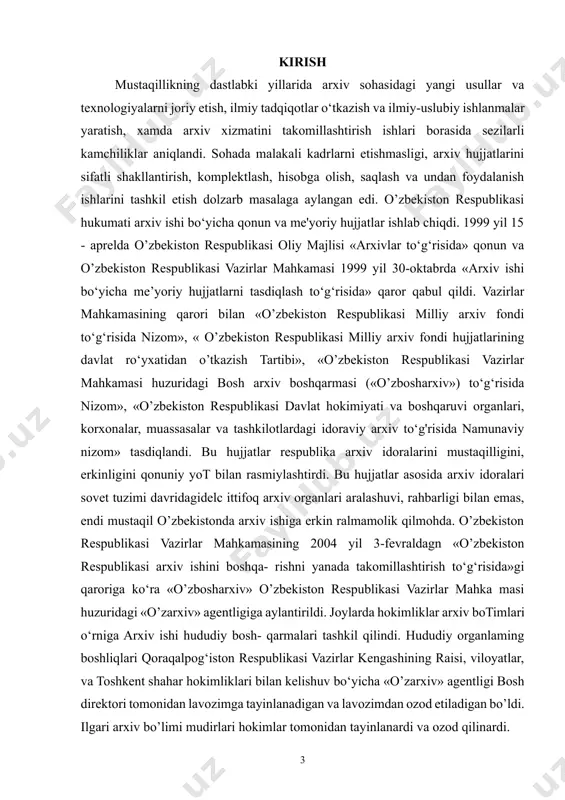 da”gi qonuni, vazirlar mahkamasining “o‘zbekiston respublikasida arxiv ishini takomillashtirish to‘g‘risida”gi qarorining qabul qilinishi ana shu fikrning isbotidir. shuningdek, 2010-yil iyun oyida “arxiv ishi to‘g‘risida”gi yangi qonunning qabul qilinishi esa arxiv muassasalari faoliyatini tubdan yaxshilash imkonini yaratdi. mazkur me’yoriy hujjatlar asosida arxiv muassasalarining moddiy-texnik bazasini mustahkamlash, ularni zamon talablari asosida jihozlash, kadrlar salohiyatini oshirish jarayonida ko‘pgina samarali ishlar amalga oshirildi. ushbu qonun arxivlarni shakllantirish, saqlash va ulardan foydalanishda yuzaga keladigan munosabatlarni hamda o‘zbekiston respublikasi arxiv muassasalari faoliyatini tartibga soladi. qonun o‘zbekiston hududida mavjud bo‘lgan barcha arxiv hujjatlarini to‘liq qamrab olishga, o‘zbekiston respublikasi milliy arxiv fondining yaxlitligini saqlab qolishga va fuqarolar, jamiyat va davlatning ijtimoiy, madaniy, ilmiy va boshqa ehtiyojlarini qondirish maqsadida arxiv hujjatlarini hisobga olish, ekspertiza qilish, ro‘yxatdan o‘tkazish, butlash hamda ulardan foydalanishning yagona tartibini belgilashga qaratilgandir. o‘zbekiston respublikasining arxivlar to‘g‘risidagi qonun hujjatlari ushbu qonun va boshqa qonun hujjatlaridan iborat. qoraqalpog‘iston respublikasida arxiv ishi qoraqalpog‘iston respublikasi qonun hujjatlari bilan ham tartibga …