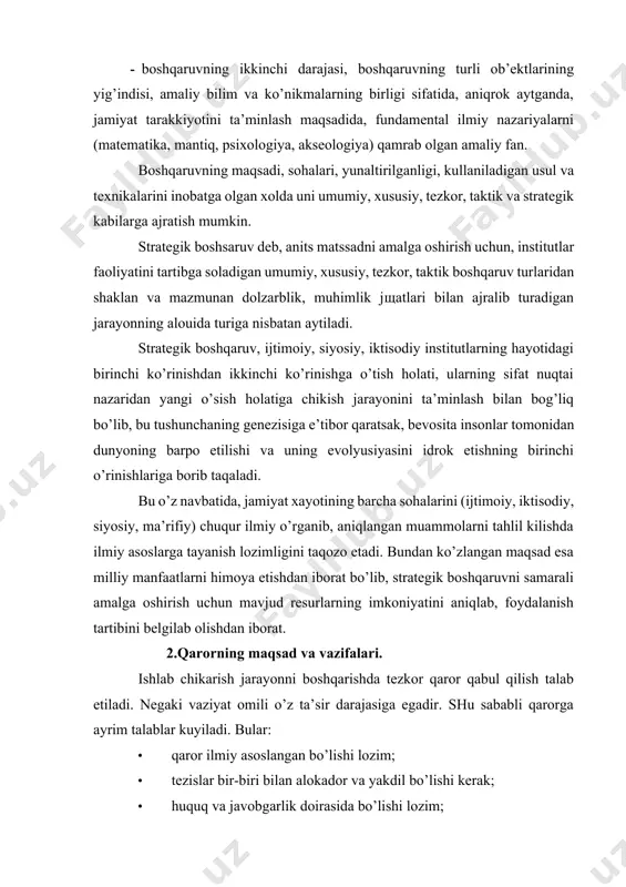 aror qabul qilish - bu faoliyatning markaziy nuktasi hisoblanadi. unda tanlangan maqsad o’z aksini topgan bo’ladi. shu sababli, qaror qabul qilish jarayoni fikrlash jarayoni bulib, u oldindan maqsadni va harakatlarni amalga oshirish uslubini anglashni, makon va vaqt, vaziyat va mas’uliyatni xis etishni takozo etadi. nazariy jihatdan, jarayon tarzida qaror qabul qilishga nisbatan uchta yondashuvni ajratish mumkin: 1. intuitiv yondashuv (bunda qaror his - tuyg’ular asosida qabul qilinadi, “tarafdorlar” va “qarshilar” tahlil kilinmaydi. ma’lumki, odamning intuitsiyasi tajribani egallash bilan birgalikda rivojlanadi. turli kishilarda bu sezgi turlicha darajada ifodalanadi. ma’lumotlar dalolat berishicha, tug’ri qaror qabul qilishda bu yondashuvning imkoniyatlari katta emas. qaror qabul qilishda odam o’z intuitsiyasini boshqa yondashuvlar bilan birgalikda mustaxkamlab borishi kerak); 2. dalillarga asoslangan tarzda yondashish (bu bilimlarga va to’plangan tajribaga asoslangan qaror tanlovidir. bunday qarorlar mantiqan olganda sust, lekin bu yondashuvning afzalligi uning tezligi va alternativalarni tanlashning kam sarfliligidadir. bilim va tajribadan foydalanib, soglom fikrga asoslanib, odam oldin …