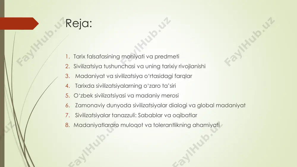 xitektura, diniy e’tiqodlar, byurokratiya  hind – vedalar, kast tizimi, shaharsozlik  xitoy – konfutsiylik, imperiya boshqaruvi, texnologik yutuqlar  islom sivilizatsiyasi – ilm-fan, falsafa, madaniyatda yuksalish  yevropa sivilizatsiyasi – demokratiya, ilm-fan, kapitalizm  sivilizatsiyalar o‘zaro aloqada bo‘lib, bir-biridan o‘rganadi yoki raqobatga kiradi. bu tarixiy dinamikani yaratadi.  3. madaniyat va sivilizatsiya o‘rtasidagi farqlar ko‘pincha madaniyat va sivilizatsiya tushunchalari chalkashib ketadi, lekin ular o‘rtasida muhim farqlar bor: madaniyat: insoniyatning ruhiy va ma’naviy hayoti bilan bog‘liq san’at, adabiyot, falsafa, din, til va urf-odatlar ko‘proq ichki mazmunga ega  sivilizatsiya:  jamiyatning tashqi hayoti – texnologiya, siyosiy tizim, qonunlar  madaniyatni tashqi muhitga moslab yashiradi yoki ifodalaydi  rivojlanish darajasini ko‘rsatadi  masalan:  biror xalqning dini, urf-odati, she’riyati — bu madaniyat  uning shaharlari, yo‘llari, qonunlari esa — sivilizatsiya  arnold toynbee va oswald spengler kabi faylasuflar madaniyatni sivilizatsiyadan ustun qo‘yadi. ular sivilizatsiyani madaniyatning so‘nuvchi bosqichi deb hisoblaydi.  4. …