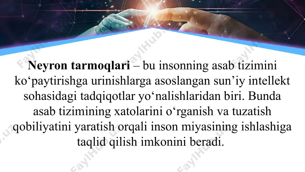 nga nisbatan ommaviy qiziqish 2012-yilda boshlangan. this presentation uses a free template provided by fppt.com www.free-power-point-templates.com sun’iy intellekt tizimlarida asosan ikkita asosiy tushuncha mavjud: this presentation uses a free template provided by fppt.com www.free-power-point-templates.com neyron to'ri mazmun mohiyatiga ko'ra insonning biologik neyron to'ri faoliyatini qisqartirilgan shaklda akslantiruvchi matematik model va matematik modelni dastur sifatida realizatsiya qilishni ifoda etadi. mashinali o'qitish maxsus algoritmlar to’plami bo’lib, bu to'plamlar neyron tarmoqlari xossasining negizini tajribalardan olinadigan ma'lumotlar asosida o’zini-o’zi o‘qitish qobiliyatini namoyon qiladi. sun’iy intellektning asosiy toifalari: this presentation uses a free template provided by fppt.com www.free-power-point-templates.com chegaralangan sun’iy intellekt (ing. artificial narrow intelligence, ani) ma’lum bir sohaga yo’naltirilgan maxsus dasturiy-apparatli majmuani tashkil etadi. masalan, kompyuter dasturi shaxmat bo'yicha chempionni mag'lub etishi mumkin, lekin bu dastur faqatgina shu ishni bajara oladi xolos. sun’iy intellektning asosiy toifalari: this presentation uses a free template provided by fppt.com www.free-power-point-templates.com 9 umumiy sun’iy intellekt (ing. artificial general intelligence, …
