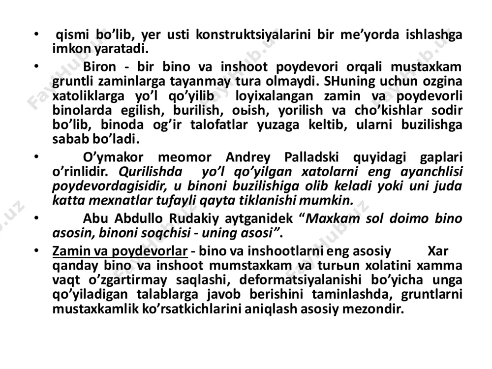 runtlar nazariyasi fanidan tushunchaga ega bo’linmasa, unda bino va inshootlarni loyixalashda xatoga yo’l quyiladi. bular esa ko’p xollarda bino va inshootlarning buzilishiga olib boradi. poydevorning ko’p va notekis cho’kishi ko’pincha zilzila natijasida yuz beradi. bunga yaqqol dalil sifatida 1864 yilda yaponiyadagi niiagata sha’rida ro’y bergan xodisani keltirish mumkin. shaxar maydoni deyarli 200 m qalinlikdagi mayda ‘amda changsimon qum va bir jinsli quyqa loy aralashmasidan tashkil topgan bo’lib, yer osti suvlari uning yuzasidan 0,5 : 1,0 m pastda joylashgan. zilzila natijasida sha’ardagi 300 ta bino va inshoot cho’kib, 30 gacha qiyshaya boshladi. 2-5 m cho’kkan inshootlar soni 20 dan oshib ketdi. bunda asosan, og’ir beton va temir-beton inshootlar shikastlanib, yog’ochli yengil binolar deyarli butun qoldi. yapon olimlarining shoxidlik berishicha, shaxardagi binolardan 25% zararlanib ularning 1/3 qismi qurilmalar buzilishi xisobiga, 2/3 qismi esa inshoot qurilmalariga xech qanday zarar yetmagan ‘olda butunicha cho’kib zaminga kirish, qiyshayish va egilish xisobiga ro’y berdi. • namlikning …