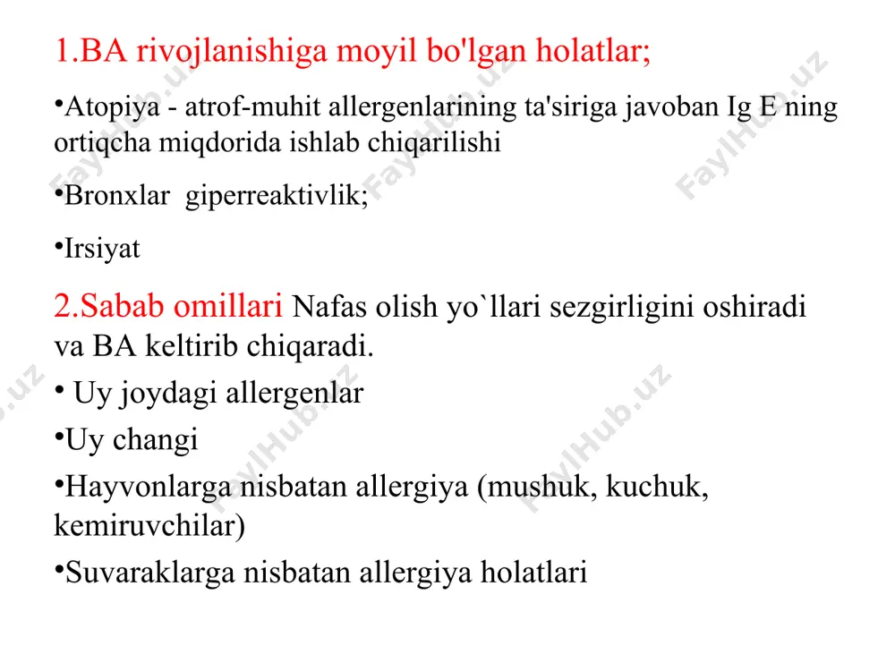 o`ngil aynishi, qusish, qorinda og`riqlar; ko`zning yoshlanishi,rinit, buruning qichishi; nafas olishda qiynalish, ko`krak qafasining siqilishi, tomoqda qichishish, buruni bitishi, aksirish, sekin astalik bilan quruq,qiynoqli yo`talning paydo bo`lishi, masofada eshitilib turadigan hushtaksimon hirillashlar, hansirash nafas chiqarishni qiyinlashuvi bilan. astma huruji (ko`pincha kechasi yoki ertalabki soat 4-6 larda boshlanadi) bosh og`rigi ( ko`pincha peshona sohasida) , bezovta, qo`rquv holatida, bemor majburiy holatda(ortopnoe) skleraning yaltirashi, yuzning shishi, qon bosimining ko`tarilishi, taxikardiya, shovqinli nafas, qorin va ko`krak qafasi mushaklarining taranglashuvi, o`mrov usti ,osti chuqurchalarining tortilishi, qovurg`alar oralig`ining kengayishi, ko`krak qafasi kengaygan bochkasimon shaklda; og`iz atrofining ko`karishi, аkrosionoz, tez-tez qiynoqli quruq yo`tal ( ko`piksimon balg`amning ajralishi; tekshiruvda: ko`krak qafasi mushaklarining taranglashuvi, perkussiyada qutichasimon tovush, o`pka chegaralarini past joylashuvi, auskultasiyada o`pkada quruq tarqoq hirillashlar (nafas chiqarish vaqtida ko`proq) ayrin hollarda nafasning ikkala fazasida nam hirillashlar «ho`l » astma. hurujning davomiyligi 30-40 minutdan bir necha soatgacha- kun davom etadi tana harorati –normada. astma status- hurujning uzoq bir …