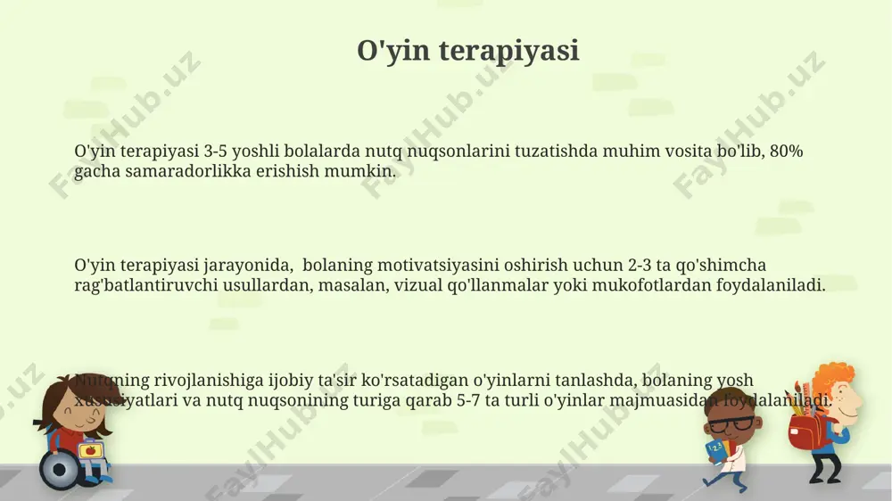 . respublika miqyosida 50 dan ortiq bolalar bog'chasida zamonaviy nutq terapiyasi uskunalari bilan jihozlangan maxsus o'quv xonalari tashkil etilgan, bu esa 1000 dan ortiq bolaga sifatli yordam ko'rsatish imkonini beradi. ota-onalar bilan ishlash ota-onalarning 90% i o'tkazilgan treninglarda faol ishtirok etib, bolalar bilan muntazam ravishda mashqlarni bajarishga majburiyat oldi, bu esa ijobiy natijalarga olib keldi. ota-onalar bilan o'tkazilgan 15 ta individual mashg'ulotlar natijasida bolalarning 80% da artikulyatsiya aniqligi yaxshilandi, bu esa ularning nutqini rivojlantirishga ijobiy ta'sir ko'rsatdi. ota-onalarga nutq terapiyasi bo'yicha qo'llanma va 5 ta uy vazifalari berildi, bu ularga bolalarning nutqini uy sharoitida mustaqil ravishda rivojlantirishga yordam beradi. nutq buzilishi bo'lgan maktabgacha yoshdagi bolalar fonologik jarayonlarning buzilishi, masalan, simplifikatsiya yoki assimilatsiya, maktabgacha yoshdagi bolalarda nutqning tushunarliligini sezilarli darajada pasaytiradi, bu esa ijtimoiylashuvga ta'sir qiladi. maktabgacha yoshdagi bolalarda nutqning rivojlanishida kechikish diagnostikasi o'rtacha 2-3 yoshda aniqlanadi va erta interventsiya muvaffaqiyat darajasini oshiradi. nutq buzilishi bo'lgan 3-5 yoshdagi bolalarning 70%ida artikulyatsiya …