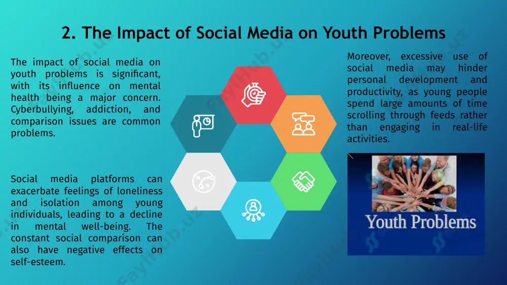 ng this pressing issue. 11. technology addiction in youth technology addiction in youth is a growing concern. excessive screen time can lead to social isolation and negatively impact mental health. it is important for parents and educators to set limits on device usage and encourage healthy habits. finding a balance is crucial for overall well-being. educating young people on the effects of technology addiction and promoting offline activities can help prevent and address this issue. 12. youth homelessness and its causes youth homelessness is a pressing issue with complex causes like family conflict, poverty, and lack of affordable housing. mental health issues, substance abuse, and lgbtq+ discrimination can also contribute to youth homelessness in many cases. addressing these root causes through support services, education, and advocacy is crucial in combating youth homelessness and ensuring a brighter future for all young individuals. lgbtq+ youth face discrimination, bullying, and lack of support …