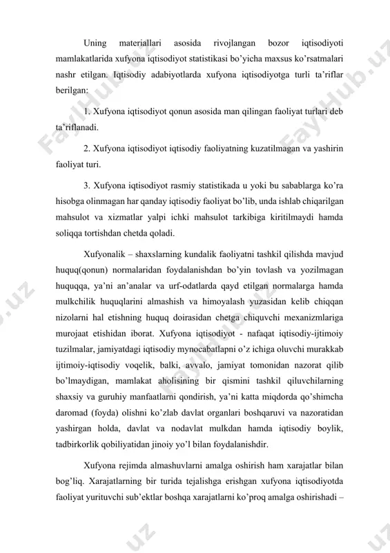 an; – kriminalogik yondashuvda jamiyatga, shaxsga zarar keltiruvchi faoliyatlar hisobga olinadi; – kompleks yondashuvda barcha yondashuvlar va kriteriyalar asosida xufyona iqtisodiyot tadqiq qilinadi; xufyona iqtisodiyotni namoyon bo’lishining asosiy shakllari va sohalari. mashhur iqtisodchi e.fayg xufyona iqtisodiy harakatlarning to’rtta xilini ajratadi: nolegal (maxfiy, yashirincha), hisobga olinmagan, ro’yxatga olinmagan va norasmiy iqtisodiy faoliyat. 1. nolegal iqtisodiyot. nolegal iqtisodiyot tijoratning qonuniy shakllari sohasini belgilab beruvchi, yuridik normativlarni buzuvchi iqtisodiy faoliyat tomonidan ishlab topilgan daromadning sinonimi sifatida ishtirok etadi. nolegal tadbirkorlar ta’qiqlangan tovarlar va xizmatlarni ishlab chiqarishda va ularni taqsimlashda ishtirok etadi (giyohvondlik moddalarini noqonuniy ishlab chiqarish, chayqovchilar tomonidan valyuta ayirboshlanishi va h.k.). 2. hisobga olinmagan iqtisodiyot. hisobga olinmagan iqtisodiyot institutsional jihatdan o’rnatilgan, soliq kodeksida qayd etilgan fiskal qoidalarni chetlab o’tuvchi yoki ulardan bo’yin tovlovchi iqtisodiy faoliyatni o’z ichiga oladi. hisobga olinmagan iqtisodiyotdan olingan daromadlar soliq organlariga xabar qilinmaydi. bunda “soliq bo’shlig’i” – soliq tushumlarini nazarda tutuvchi summa bilan amalda olingan daromad o’rtasidagi farq …