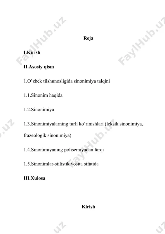 r vositasida bog’langan qo’shma gaplarni o’rganishdan iboratdir. kurs ishining obyekti. turli mutanosib va qarama-qarshi fikrlar bayon etilgan ilmiy manbalar va badiiy asardagi matnlar. kurs ishining ilmiy-amaliy ahamiyati. bu kurs ishi darsda seminarlar tashkil etishda va filologiya sohasi bo’yicha qo’llanmalar tayyorlashda manbaa bo’lib xizmat qiladi. kurs ishining tuzilishi. kurs ishining umumiy tavsifi, asosiy qism, xulosa va foydalanilgan adabiyotlar ro’yxatidan tashkil topgan. 1.o’zbek tilshunosligida sinonimiya talqini. 1.1.sinonim haqida. sinonimlar-so’zning ma’noli shakllaridan biri bo’lib, talaffuzi, yozilishi har xil va birlashtiruvchi ma’nosi bir xil bo’lgan, qo’shimcha ma’no nozikligi bilan emotsional ma’nosi qo’llanishi kabi bir qator xususiyatlari bilan o’zaro farqlanadigan so’zlardan tashkil topgan. sinonimlarlar qatoridagi bir suz bosh so’z (asosiy so’z) hisoblanadi. bosh so’z, odatda, hozirgi adabiy tilga mansubligi, emotsional bo’yoq va uslubga ko’ra betarafligi kabi xususiyatlari bilan shu qatordagi boshqa so’zlardan farqlanadi hamda xuddi shu xususiyatlariga ko’ra tilda boshqalariga nisbatan keng qo’llanadi. masalan: chiroyli, go’zal, husnli, ko’hli, zebo, sohibjamol, suluv kabi so’zlar qatorida chiroyli …