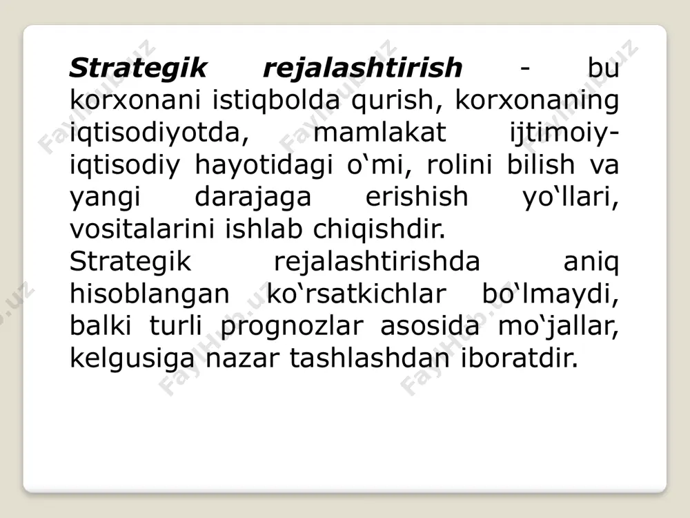 tiv strategiyalar asosan korxona resurslaridan bozor ehtiyojlarini qondirish maqsadida yaxshiroq foydalanish imkoniyatlarini belgilaydi. shu bilan bogiiq holda ular faoliyat hajmining kengayishi, bozor talabini qondirish, korxona ishchilarining tashabbusini va ijodini rag‘batlantirish, yangi faoliyat sohalarini yaratish kabi masalalarni hal qilishga qaratilgan. korporativ strategiyani amalga oshirish maqsadlari: • bo‘limlar o‘rtasida resurslami taqsimlashni optimallashtirish • turli bo‘limlarning harakatlarining muvofiqligini ta’minlash • kadrlar siyosati • umumiy strategiyalar, shu jumladan biron bir bolinmaga tegishli bo‘lmagan vakolatlardan foydalangan holda individual biznes bolinmalarining umumiy strategiyada integratsiyasini ta’minlash. • aksiyadorlar manfaatlarini maksimal darajada hisobga olishni ta’minlash • diversifikatsiya strategiyasini amalga oshirish (ko‘plab kompaniyalar o‘sish masalasini ko‘taradilar va vaqti-vaqti bilan diversifikatsiyaga o'tadilar; masalan, turizm va tibbiy xizmatlar bilan shug‘ullanadigan kompaniya va boshqalar) • natijalar ustidan nazoratni ta’minlash • inqirozni yengib o'tish korporativ strategiyalar portfelli strategiyalar o'sish strategiyalari raqobat strategiyalari. marketingning funksional strategiyalari korxona tomonidan maqsadli bozorlami tanlash va ular uchun mos strategiyalami ishlab chiqishga qaratilgan. ular ham uch guruhdan iborat, …