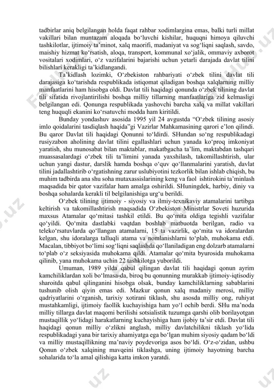 tgan nemis yoshlariga nemis tili, xalq bayramlari, xalq qo‘shiq va raqslarini o‘rgatishni yo‘lga qo‘ydi. ushbu milliy-madaniy markaz tashabbusi bilan birinchilardan bo‘lib rojdestvo - "weihnachten" bayramini qayta tiklandi, 1990 yilda toshkentda nemis evangelist-lyuteran cherkovi qayta ta’mirlandi. 1993 yilda o‘zbekiston respublikasi birinchi prezidenti i.a.karimovning farmoyishi bilan evangelist-lyuteran cherkovi o‘zbekistonda istiqomat qilayotgan nemis xalqiga topshirildi. 1992 yildan esa ''wiedergeburt" nomi bilan rasmiy ro‘yxatga olinib, butun respublika xususan, o‘zbekistonning toshkent, farg‘on, samarqand, buxoro va boshqa shaharlaridagi nemis milliy-madaniy markazlari ochilib o‘z faoliyatini davom ettirib bordi. shuningdek, respublikaning umumta’lim o‘rta maktablarida tojik, qozoq, turkman va qirg‘iz tilida o‘qitish darajasini kengaytirish, respublika oliy o‘quv yurtlarida qozoq, tojik, qirg‘iz tillarida o‘qitish bo‘limlari va ularni darslik hamda o‘quv ko‘rgazmalari bilan qurollantirish vazifasi ham belgilandi. respublikada kuchayib ketgan bu jarayonlar o‘z navbatida iqtisodiy tanglik bilan bog‘liq ekanligi ma’lum edi. avval milliy manfaatlari toptalgan xalqlarga o‘zligini anglashga yo‘l ochgan o‘zbekiston endi butun respublikada iqtisodiy tanglikni oldini olish chora-tadbirlarni ko‘rishi kerak, …