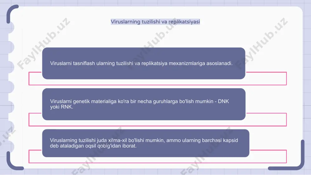 nif viruslarning har xil turlarini va ularning inson salomatligiga ta'sirini tushunishga yordam beradi. viruslarni tasniflash usullaridan biri ular keltirib chiqaradigan kasallikning turiga asoslanadi, masalan, respirator viruslar, oshqozon-ichak viruslari yoki nevrologik viruslar. boshqa tasnif mezoni gripp virusi, oiv yoki zika virusi kabi virus keltirib chiqaradigan o'ziga xos kasallikka asoslanadi. retroviruslar va teskari transkriptaza retroviruslar - bu rnk qolipidan dnk sintezi bo'lgan teskari transkripsiya bilan ko'payadigan rnk viruslari guruhi. teskari transkriptaza retroviruslarda joylashgan ferment bo'lib, teskari transkripsiya jarayonini katalizlaydi va retrovirusga o'zining rnk genomini dnkga aylantirish imkonini beradi. viruslarning tasnifi, shuningdek, dnk viruslari va teskari transkriptazasiz rnk viruslari kabi boshqa guruhlarni ham o'z ichiga oladi. bakteriofaglar va ularning tasnifi bakteriofaglar bakteriyalarni yuqtiruvchi viruslardir. ular morfologiyasi, genetik materiali va yuqtirgan xost hujayrasi asosida tasniflanadi. bakteriofaglarning ikkita asosiy turi mavjud: litik faglar, oxir-oqibat xost hujayrani o'ldiradilar va lizogen faglar, ularning genetik materialini xost hujayra genomiga birlashtiradi. bakteriofaglarni shakli, o'lchami va genetik material turi kabi …