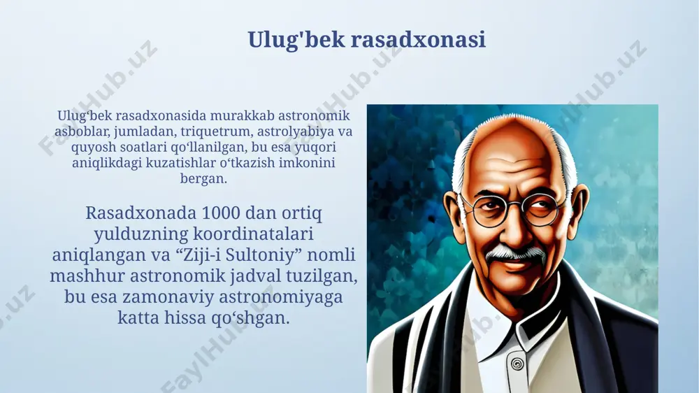 riy etilishi, dushmanga qarshi kurashda muhim rol o'ynadi. ulug'bekning diplomatiyasi ulugʻbekning elchixonalari xitoy, hindiston va misr kabi uzoq mamlakatlarga ham borib, savdo-iqtisodiy va madaniy almashinuvni rivojlantirishga yordam berdi, bu davrda 20 dan ortiq shartnoma imzolandi. ulugʻbekning diplomatik munosabatlari samarqandni markaziy osiyodagi yirik ilmiy va madaniy markaz sifatida mustahkamlashga xizmat qildi, 15 dan ortiq davlat bilan faol aloqalar oʻrnatdi. ulug'bek davridagi me'morchilik ulugʻbek davridagi meʼmorchilikda pishiq gʻishtdan foydalanish keng tarqalgan boʻlib, binolar mustahkamligi va goʻzalligi bilan ajralib turgan, masalan, rangin madrasasining dekorativ elementlari. ulugʻbek davrida, samarqandda, taxminan 1420-yillarda qurilgan gʻoziyon masjid majmuasi, oʻzining ulkan oʻlchamlari (70 metrdan ortiq) va murakkab bezaklari bilan ajralib turgan. yoshlik yillari va ta'limi ulug‘bek yoshligida islom diniy bilimlarini chuqur o‘rganib, qur'on tilovatida va hadis ilmlarida yetuk bo'lgan. bu uning keyingi ilmiy faoliyatiga ham ijobiy ta'sir ko‘rsatgan. ulug‘bek 14-asrning ikkinchi yarmida samarqanddagi nufuzli olim va ulamolar doirasi bilan yaqin munosabatlar o'rnatgan, ular bilan faol muloqotda bo'lib, bilimini …