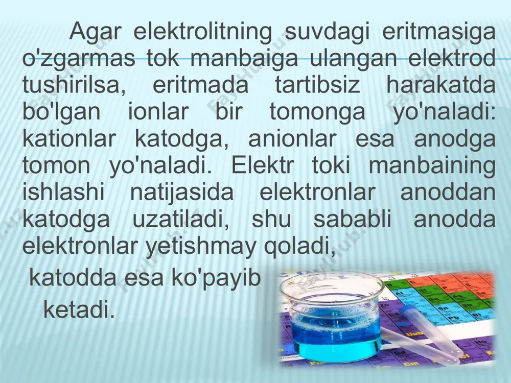 (f dan tashqari). keyin esa suv malekulalari oksidlanadilar 1. kno3 tuzi eritmasining inert anod ishtirokidagi elektrolizi: kno3  k+ + no3- k+/k uchun eo = -2,93 v bo’lib, k+ kationlari katodda qaytarilmaydi, no3- anionlari suvli eritmalarda oksidlanmaydi. katodda va anodda suv molekulasi qaytariladi va oksidlanadi: katodda (-): 2h2o + 2e- = 2oh- + h2; anodda (+): 2h2o - 4e- = 4h+ + o2 . cucl2 eritmasining inert anod ishtirokidagi elektrolizi. cucl2  cu2+ + 2cl- misning standart elektrod potensiali eo = 0,34v bo’lganligi uchun katodda faqat mis ionlari qaytariladi, anodda esa xlorid ionlari oksidlanadi: katodda (-): cu2+ + 2e- = cu; anodda (+): 2cl- - 2e- = cl2 elektroliz: cucl2 ----------> cu + cl2 2. тuz eritmalarining aktiv anod qo’llanilgandagi elektrolizi. bunday elektroliz jarayonida anod materiali eriydi. masalan, kadmiy sulfat eritmasining elektrolizini misol kilish mumkin: cdso4  cd2+ + so42- katodda (-): cd2+ + 2e- = cd anodda (+): cd …