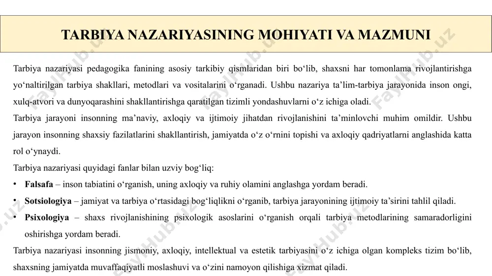 parvarlik tamoyili – har bir insonning qadr-qimmati e’tirof etilib, unga hurmat bilan munosabatda bo‘lish, uning erkin fikrlashi va rivojlanishi uchun sharoit yaratish. tarbiyaning uzluksizligi – tarbiya faqat bolalik yoki o‘smirlik davrida emas, balki butun hayot davomida davom etishi kerak. yoshga moslik va individual yondashuv – har bir bolaning qiziqishlari, ehtiyojlari va imkoniyatlarini inobatga olib, unga mos yondashish. jamoada tarbiyalash – shaxsni jamiyatning faol a’zosi sifatida shakllantirish, jamoaviy hamkorlik va mas’uliyat hissini rivojlantirish. amaliy faollikka yo‘naltirish – o‘quvchilarni mustaqil fikrlashga, ijodiy faoliyatga undash va hayotiy tajriba orttirishga yo‘naltirish. tarbiya qonuniyatlari ijtimoiy bog‘liqlik – tarbiya jarayoni jamiyatning maqsad va qadriyatlari bilan bog‘liq. barcha tarbiya shakllarining o‘zaro bog‘liqligi – jismoniy, axloqiy, ma'naviy, huquqiy tarbiya bir-biri bilan chambarchas bog‘liq. tarbiyaning amaliy samaradorligi – faqat nazariy bilim berish emas, balki real hayotda qo‘llash. o‘zini o‘zi tarbiyalash – shaxsning o‘zini rivojlantirish jarayoni muhim o‘rin tutadi. krasvord gorizontal 4. shaxsning ongi, xulq-atvori va dunyoqarashini shakllantirishga qaratilgan jarayon. …