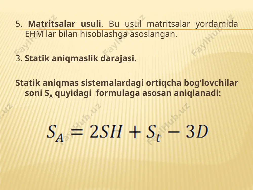 . kuchlar usulining kanonik tenglamasi koeffitsientlari va ozod hadlarin i tekshirishni ayting? 8. ramaning ixtiyoriy kesimidagi m x , q x va n x epyuralarini kurishni xamda tekshirishni ayting? 9. statik aniqmas ramalarni tashqi yuklar ta’siriga hisoblash tartibini ayting?