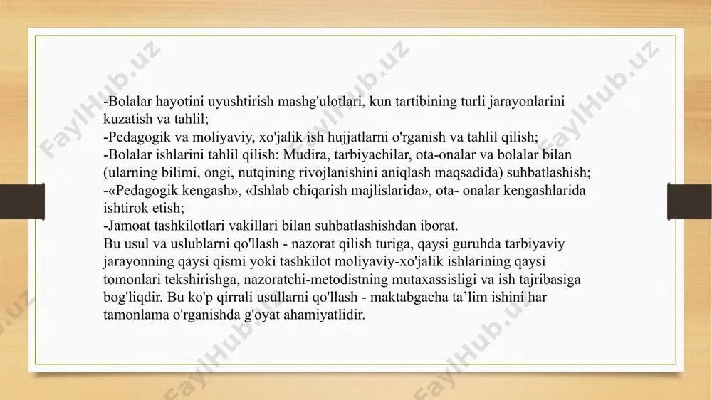 bola o`z xatosini o`zi to`g`rilasin, o`z fikrining to`g`riligini o`zi dadil turib isbotlay olsin. m.montessori pedagogikasining ahamiyati xuddi shunday sifatlarni tarbiyalashga, aqliy qobiliyatlarni rivojlantirishga qaratilganligidadir. u yaratgan o`yinlar sezgi organlari: ko`rish, eshitish, teri-tuyush. hid bilish, ta`m bilish orqali narsa va hodisalarni bilib olishga mo`ljallangan “kvadrat tuz”, “bo`sh katakni to`ldir”, “nuqtalat o`yini”, “loto”, “rangiga qarab o`rnini top”, “o`z o`rnini top”, “qaysi biri ortiqcha” o`yinlari shular jumlasidandir. atoqli italiyalik pedagok, psixiatr vrach m.montessori 1870-1952 yillarda yashab ijod etgan. u asos solgan bolalar uylariga maktabgacha tarbiya yoshidagi bolalar jalb qilinib, u yerda tarbiyaning o’ziga xos tizimi amalga oshirildi. u tuyg’u organlarini tarbiyalashni birinchi o’ringa qo’yadi,buning uchun tegishli didaktik material ishlab chiqadi. mashqlar sistemasi bolalarda muayyan ko’nikma va malakalarni: predmetlarni shakliga,vazni va rangiga qarab farqlash,xilma-xil ovoz va hidlarni bilish ko’nikmalarini hosil qilishga qaratilgan. image5.png image6.png image7.jpg image8.jpg image3.png image4.png /docprops/thumbnail.jpeg