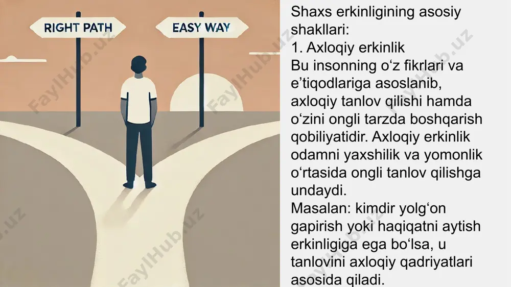 ladi. mas'uliyatli fuqarolar jamiyatda tartib, adolat va barqarorlikni ta'minlaydi. erkinlik va mas'uliyat bir-birini to‘ldiradi. erkin bo‘lgan inson o‘z erkinligini boshqalarga zarar yetkazmasdan amalga oshirishi uchun mas'uliyatni ham anglashga majbur. aynan shu uyg‘unlik taraqqiyot va ijtimoiy barqarorlikka olib keladi. mas’uliyat — bu erkinlikning amaliy ifodasi. erkinlik va mas’uliyatning uyg‘unligi inson va jamiyat hayotida barqarorlikni ta’minlaydi. erkinlik va mas’uliyat bir-biridan ajralmas tushunchalar sifatida qaraladi. ular quyidagicha o‘zaro bog‘langan: erkinlik — insonning o‘z xatti-harakatlarini ongli ravishda tanlash imkoniyati; mas’uliyat — ushbu tanlov va harakatlarning oqibatlari uchun javobgarlikdir. 17 shaxs erkinligi va mas'uliyati bir butunlikda mavjud bo‘lgandagina inson va jamiyat mukammal taraqqiyot sari intiladi. erkinlik shaxsga o‘z salohiyatini to‘liq ro‘yobga chiqarish imkoniyatini bersa, mas'uliyat bu erkinlikning oqibatlarini anglash va to‘g‘ri boshqarishni ta’minlaydi. har qanday jamiyatda shaxslar o‘z erkinliklarini mas’uliyat bilan uyg‘unlashtirgan taqdirda, adolatli tartib va barqaror taraqqiyotga erishiladi. aks holda, erkinlikning cheksizligi jamiyatda beqarorlik va adolatsizlikni keltirib chiqarishi mumkin. shu bois, shaxsiy va ijtimoiy …
